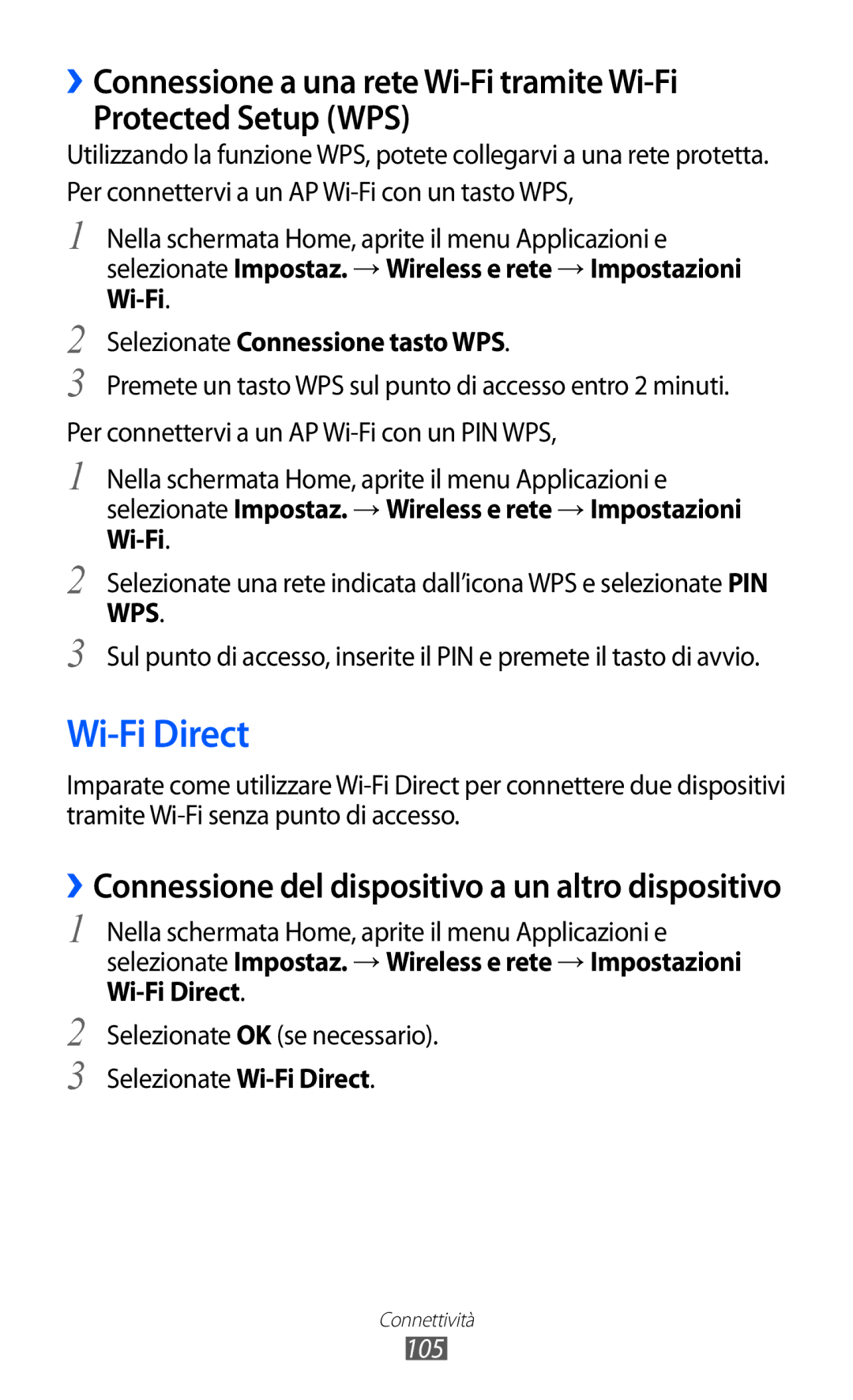 Samsung GT-I9070HKNITV, GT-I9070RWAITV, GT-I9070HKAITV, GT-I9070RWNTIM Wi-Fi Direct, Selezionate Connessione tasto WPS, 105 