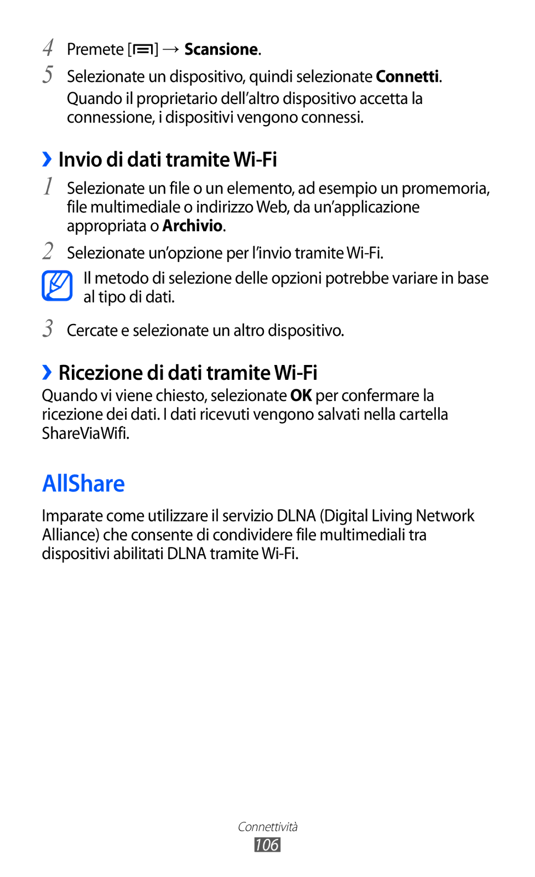 Samsung GT-I9070HKAOMN, GT-I9070RWAITV AllShare, ››Invio di dati tramite Wi-Fi, ››Ricezione di dati tramite Wi-Fi, 106 