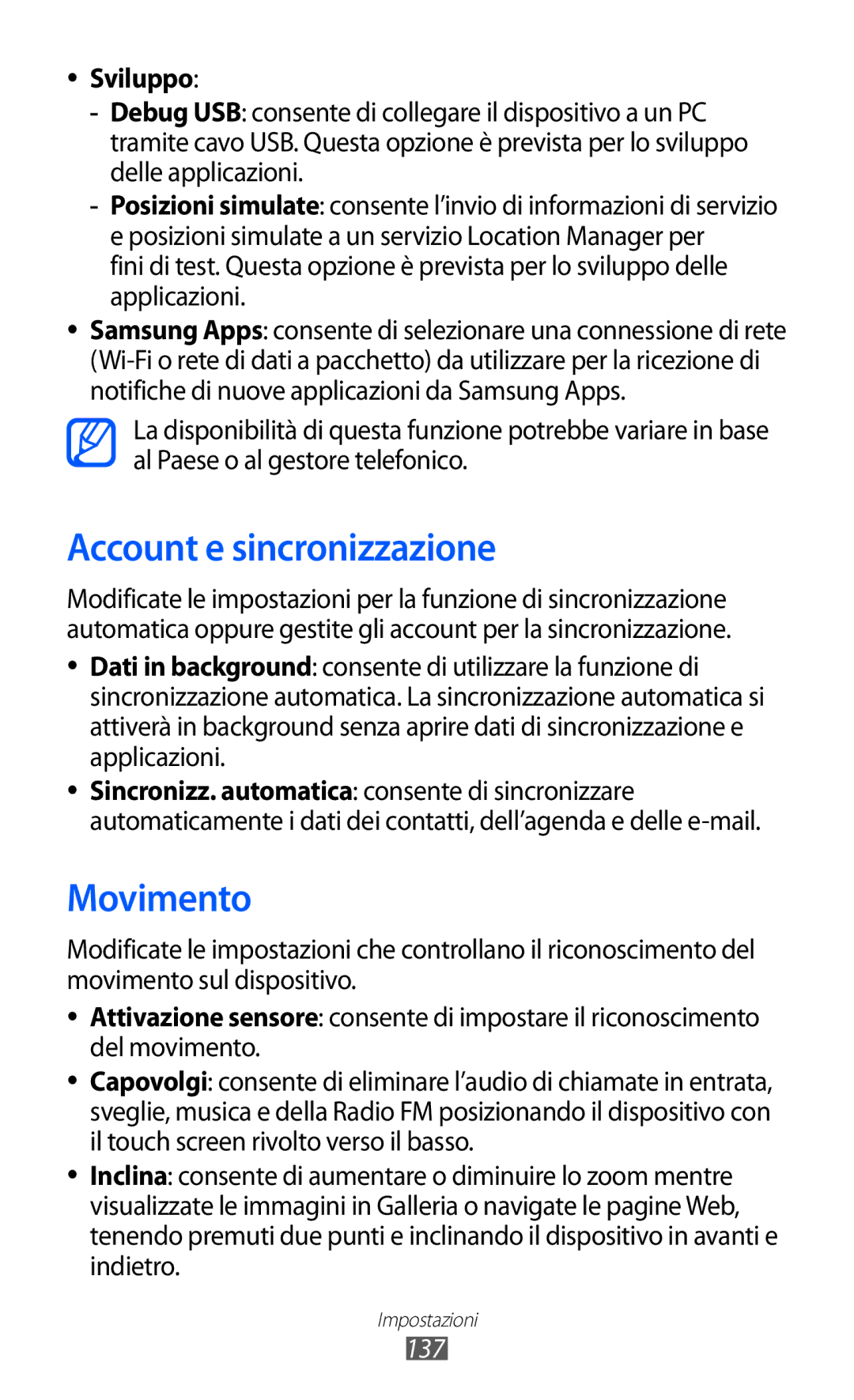 Samsung GT-I9070HKATIM, GT-I9070RWAITV, GT-I9070HKAITV, GT-I9070RWNTIM Account e sincronizzazione, Movimento, Sviluppo, 137 