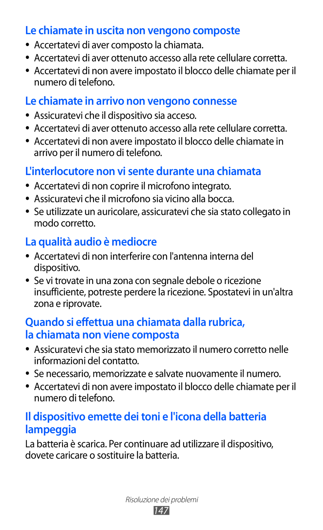 Samsung GT-I9070HKATIM, GT-I9070RWAITV, GT-I9070HKAITV, GT-I9070RWNTIM manual Le chiamate in uscita non vengono composte, 147 