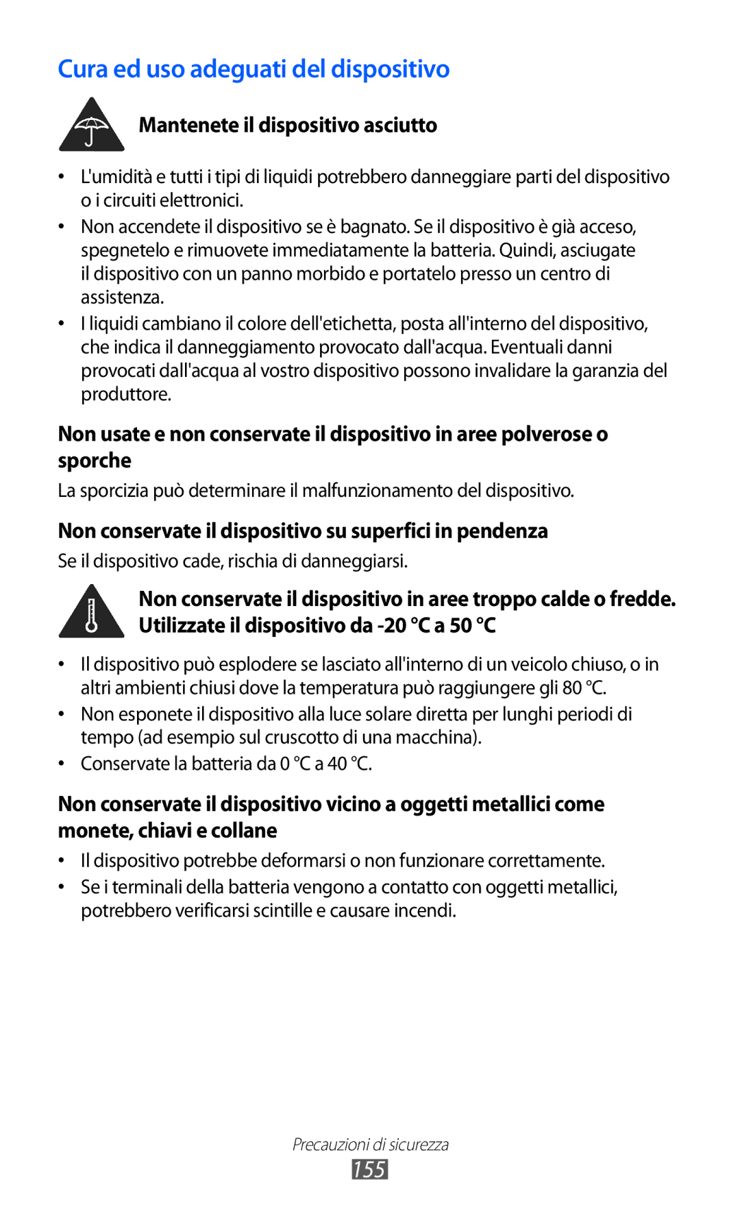 Samsung GT-I9070HKNITV, GT-I9070RWAITV, GT-I9070HKAITV, GT-I9070RWNTIM manual Cura ed uso adeguati del dispositivo, 155 