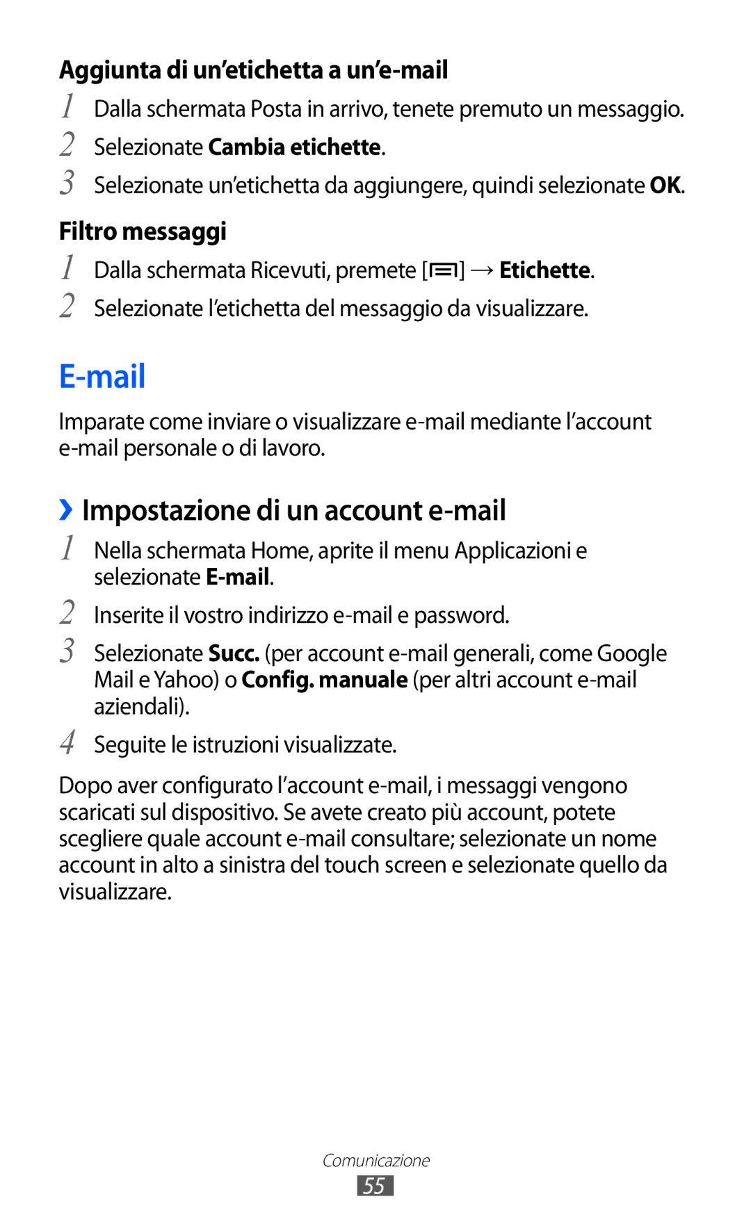 Samsung GT-I9070HKNITV, GT-I9070RWAITV manual Mail, ››Impostazione di un account e-mail, Selezionate Cambia etichette 