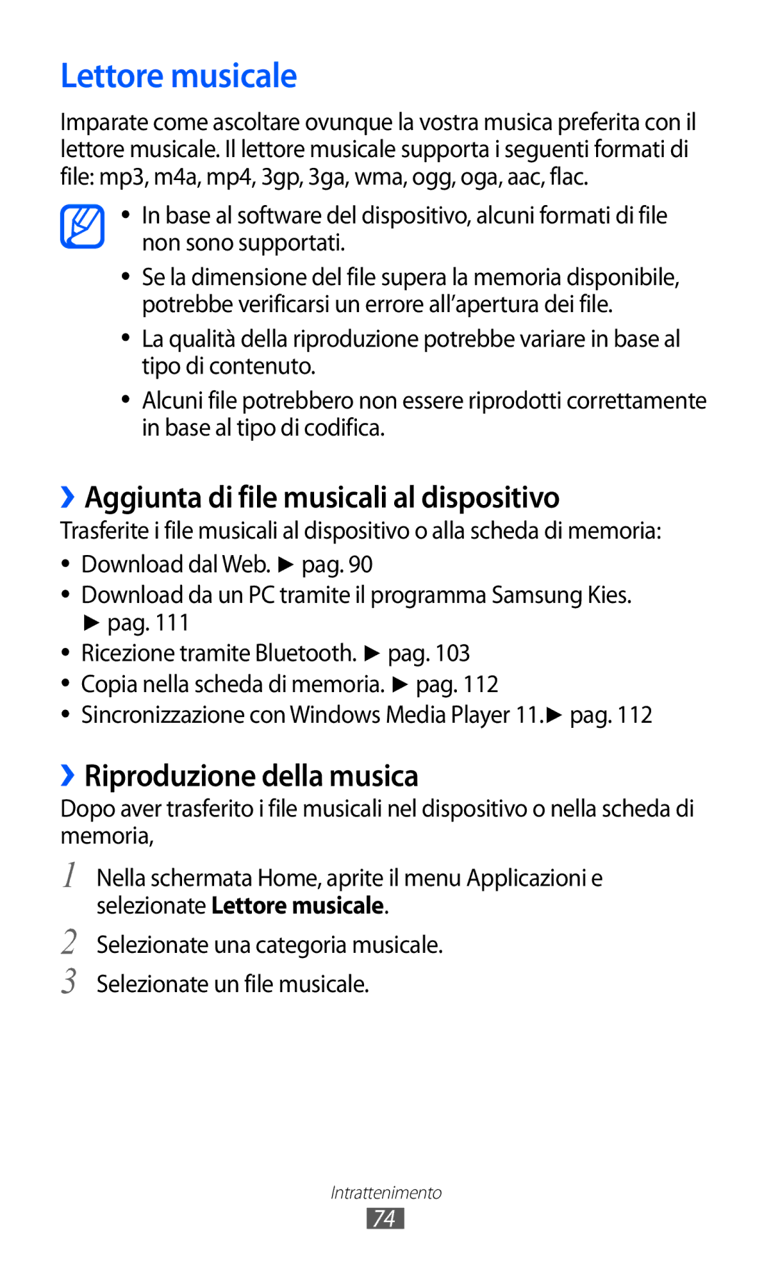 Samsung GT-I9070HKNTIM manual Lettore musicale, ››Aggiunta di file musicali al dispositivo, ››Riproduzione della musica 