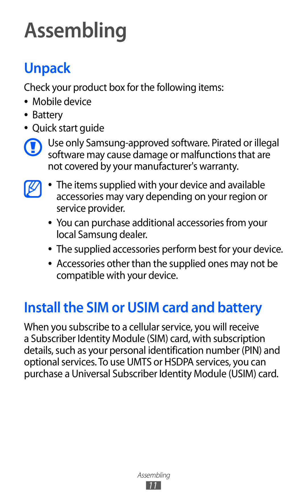 Samsung GT-I9070HKEKSA, GT-I9070RWAJED, GT-I9070RWATHR, GT-I9070MSAJED, GT-I9070MSEAFR, GT-I9070MSEXSG manual Assembling, Unpack 