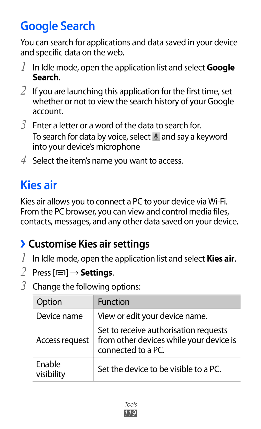 Samsung GT-I9070HKAXSG, GT-I9070RWAJED, GT-I9070RWATHR Google Search, Customise Kies air settings, Connected to a PC 