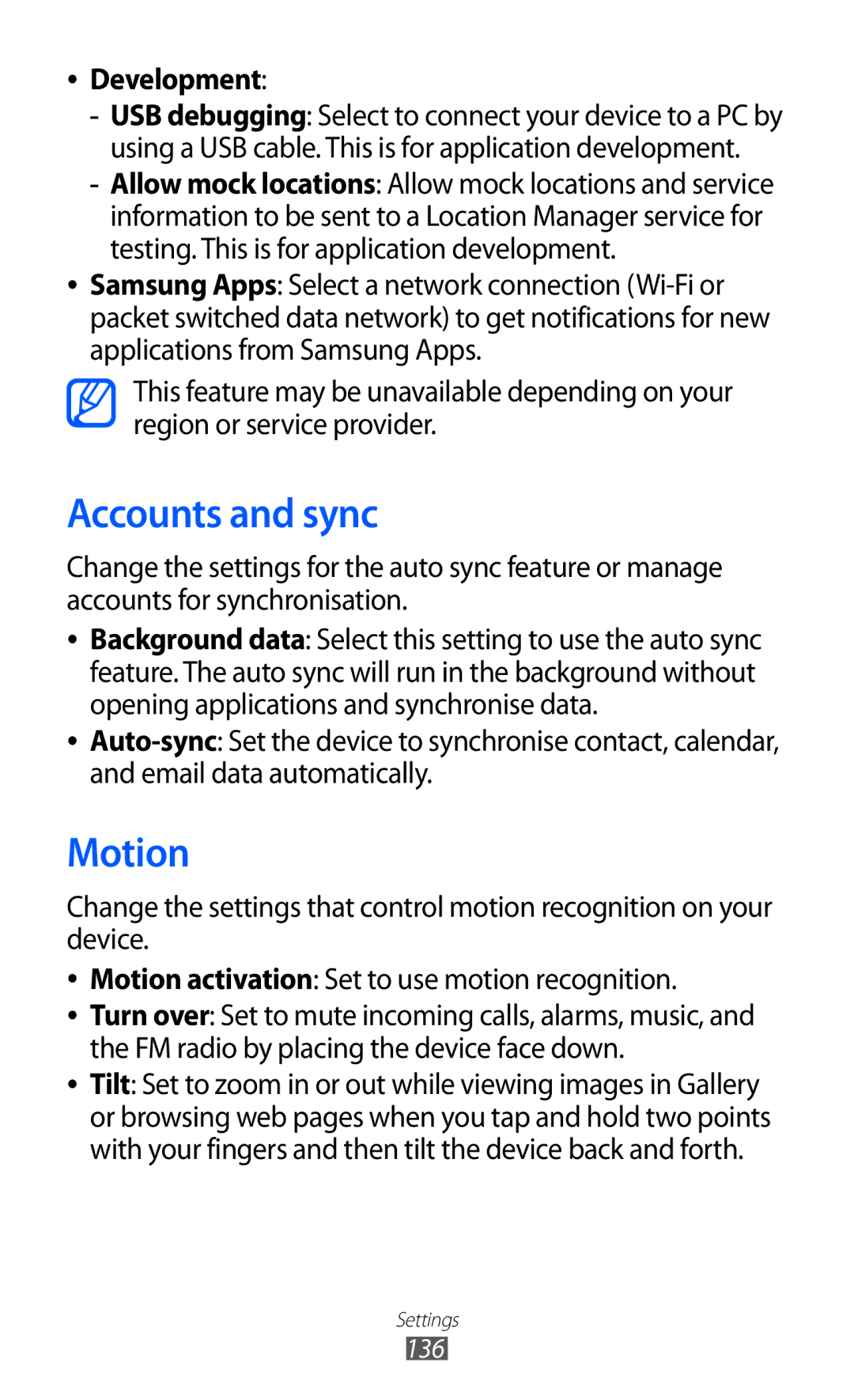 Samsung GT-I9070MSEKSA, GT-I9070RWAJED, GT-I9070RWATHR, GT-I9070MSAJED, GT-I9070MSEAFR Accounts and sync, Motion, Development 