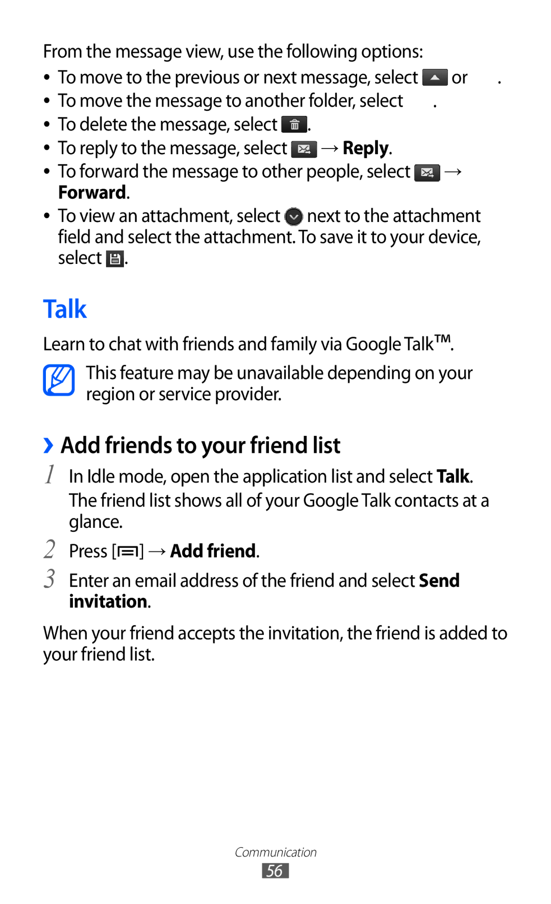 Samsung GT-I9070RWEJED, GT-I9070RWAJED manual Talk, ››Add friends to your friend list, → Reply, Next to the attachment 