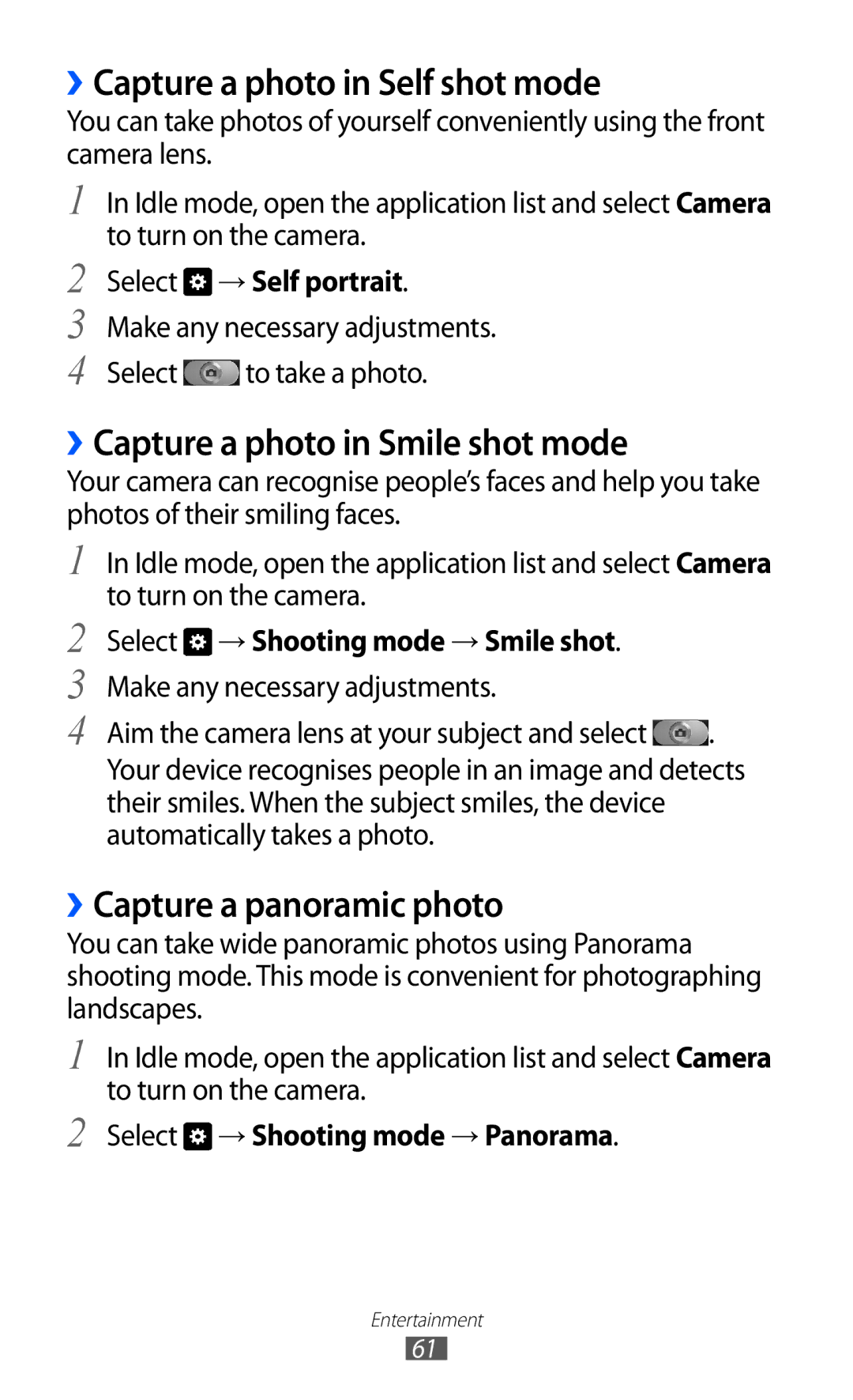 Samsung GT-I9070MSAXSG, GT-I9070RWAJED manual ››Capture a photo in Self shot mode, ››Capture a photo in Smile shot mode 