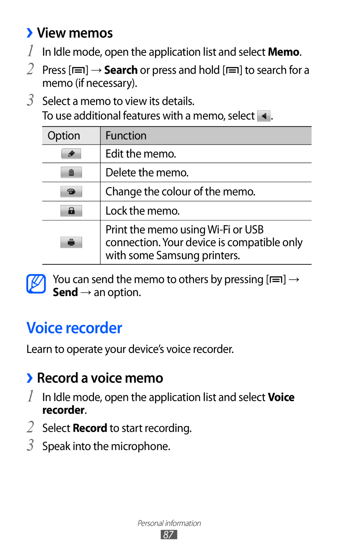 Samsung GT-I9070HKAKSA, GT-I9070RWAJED, GT-I9070RWATHR manual Voice recorder, ››View memos, ››Record a voice memo, Recorder 