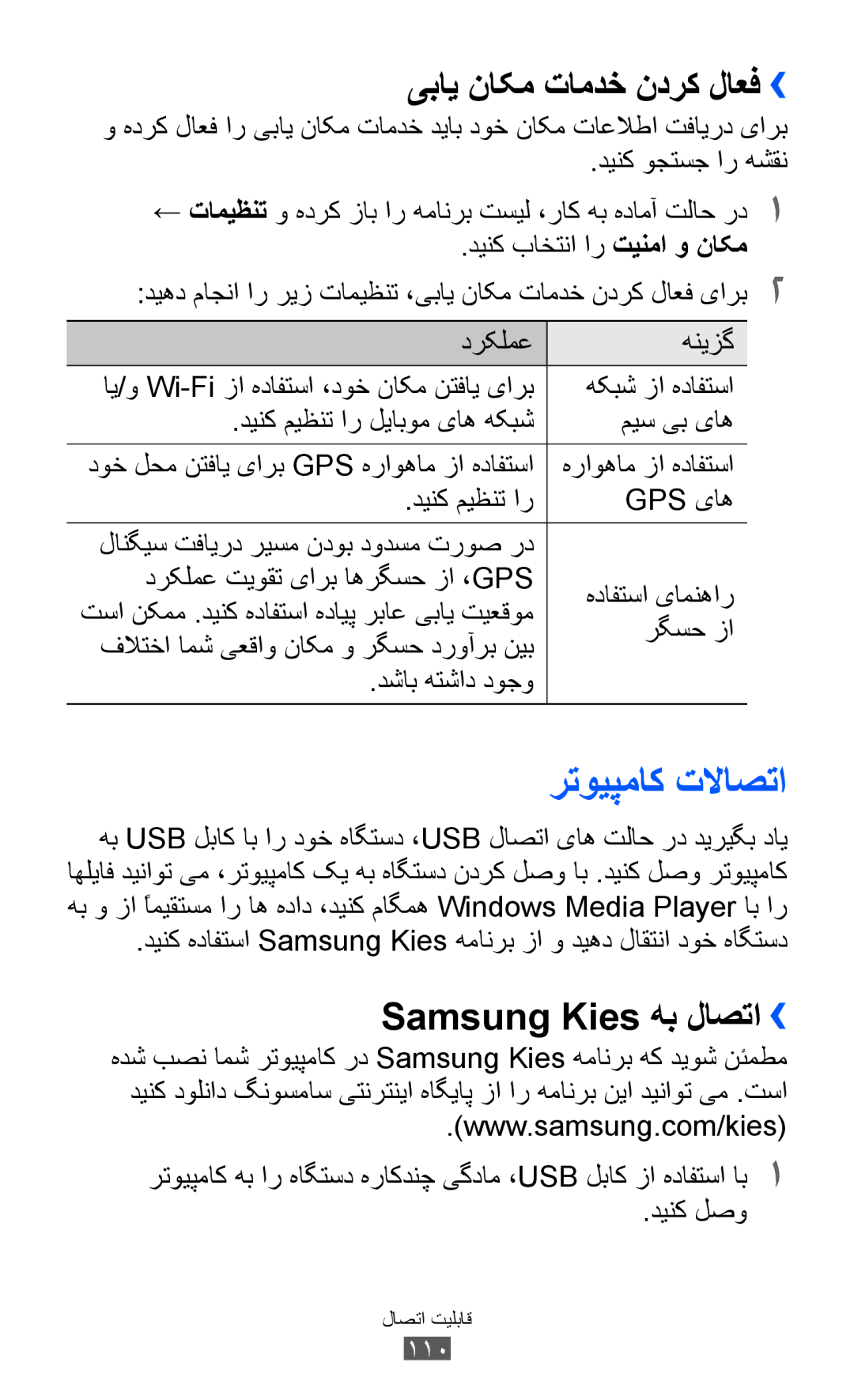 Samsung GT-I9070RWEKSA, GT-I9070RWAJED manual رتویپماک تلااصتا, یباي ناکم تامدخ ندرک لاعف››, Samsung Kies هب لاصتا›› 