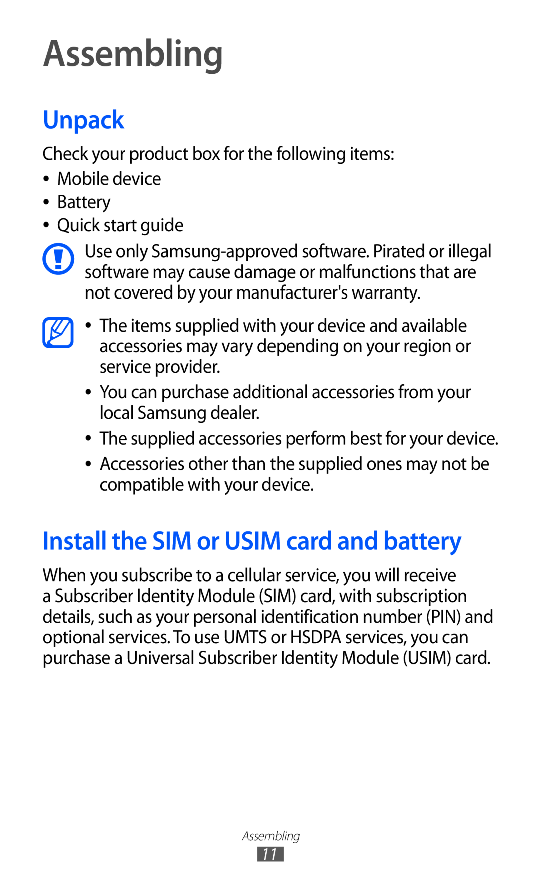 Samsung GT-I9070HKEKSA, GT-I9070RWAJED, GT-I9070RWATHR manual Assembling, Unpack, Install the SIM or USIM card and battery 