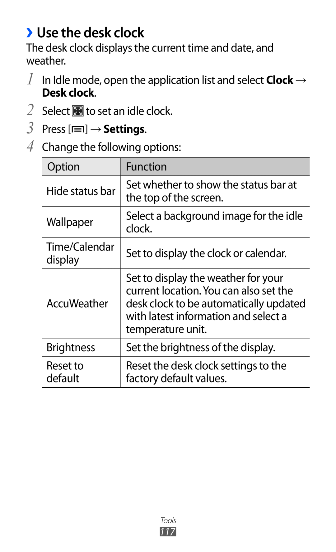 Samsung GT-I9070HKABTC, GT-I9070RWAJED, GT-I9070RWATHR, GT-I9070MSAJED, GT-I9070MSEAFR manual ››Use the desk clock, Desk clock 