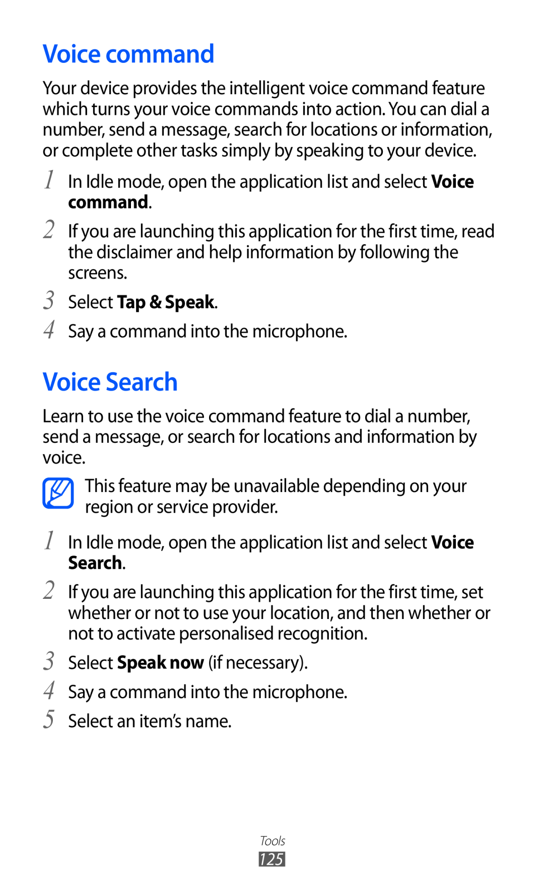 Samsung GT-I9070HKAMRT, GT-I9070RWAJED, GT-I9070RWATHR, GT-I9070MSAJED manual Voice command, Voice Search, Select Tap & Speak 
