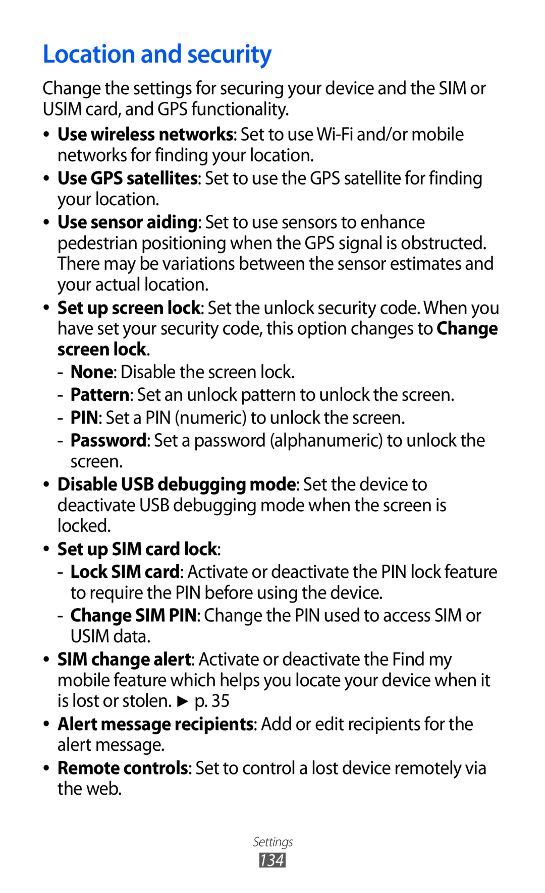 Samsung GT-I9070HKEXSG, GT-I9070RWAJED, GT-I9070RWATHR, GT-I9070MSAJED manual Location and security, Set up SIM card lock 