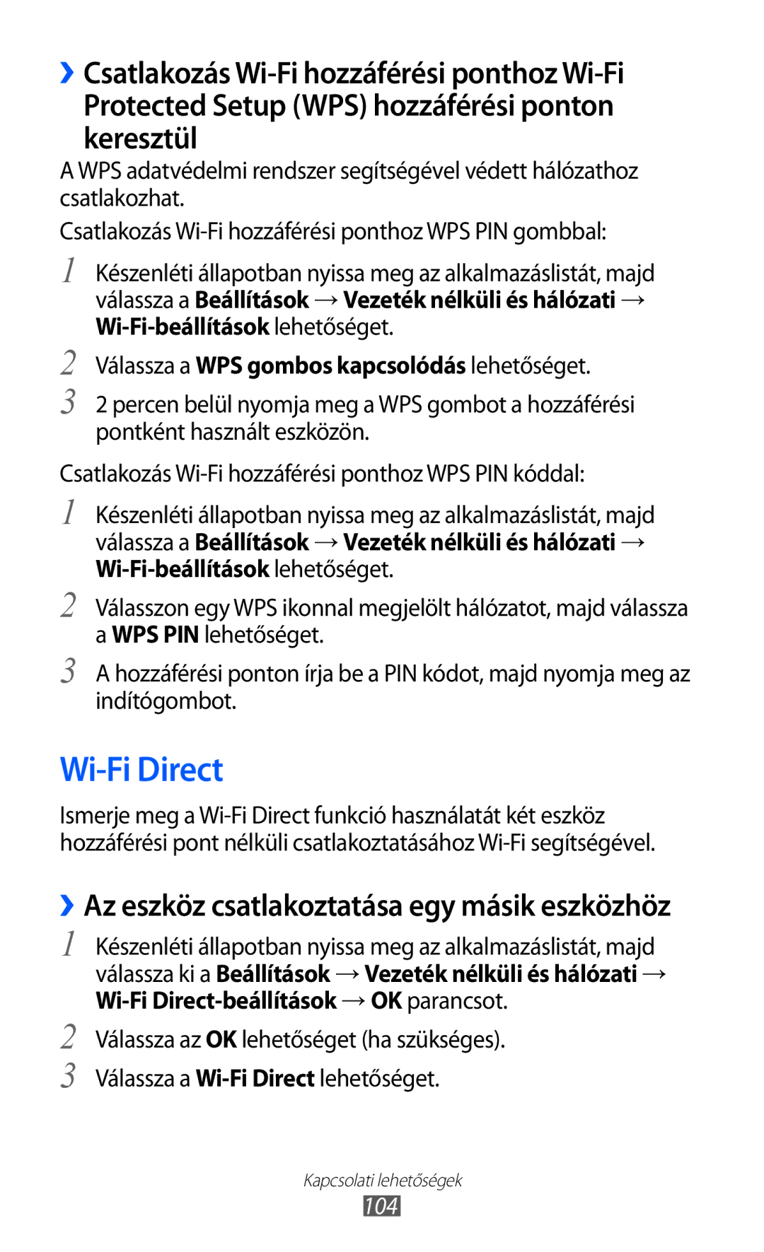 Samsung GT-I9070HKAMOT, GT-I9070RWAXEO, GT-I9070HKNATO, GT-I9070HKAXEO, GT-I9070HKAPLS, GT-I9070HKADBT manual Wi-Fi Direct, 104 