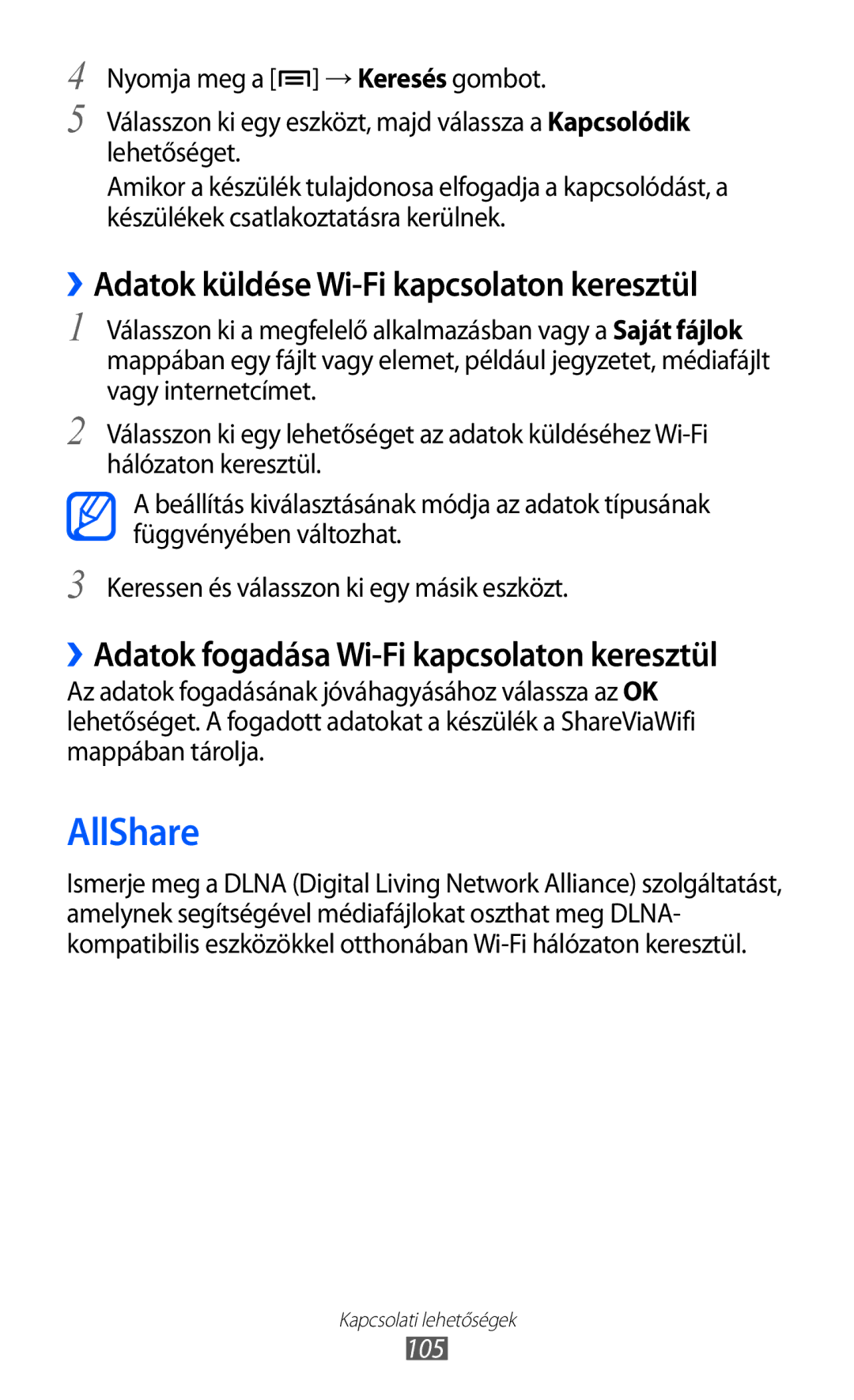 Samsung GT-I9070HKAPRT, GT-I9070RWAXEO, GT-I9070HKNATO manual AllShare, ››Adatok küldése Wi-Fi kapcsolaton keresztül, 105 