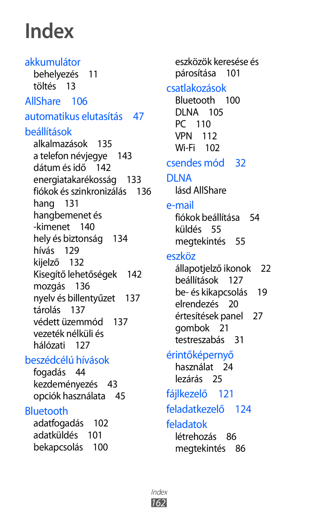 Samsung GT-I9070HKAMOB, GT-I9070RWAXEO, GT-I9070HKNATO, GT-I9070HKAXEO, GT-I9070HKAPLS, GT-I9070HKADBT manual Index, 162 