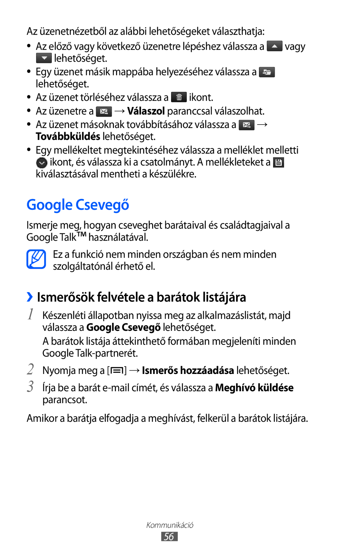 Samsung GT-I9070HKNTPL, GT-I9070RWAXEO manual Google Csevegő, ››Ismerősök felvétele a barátok listájára, Ikont Az üzenetre a 
