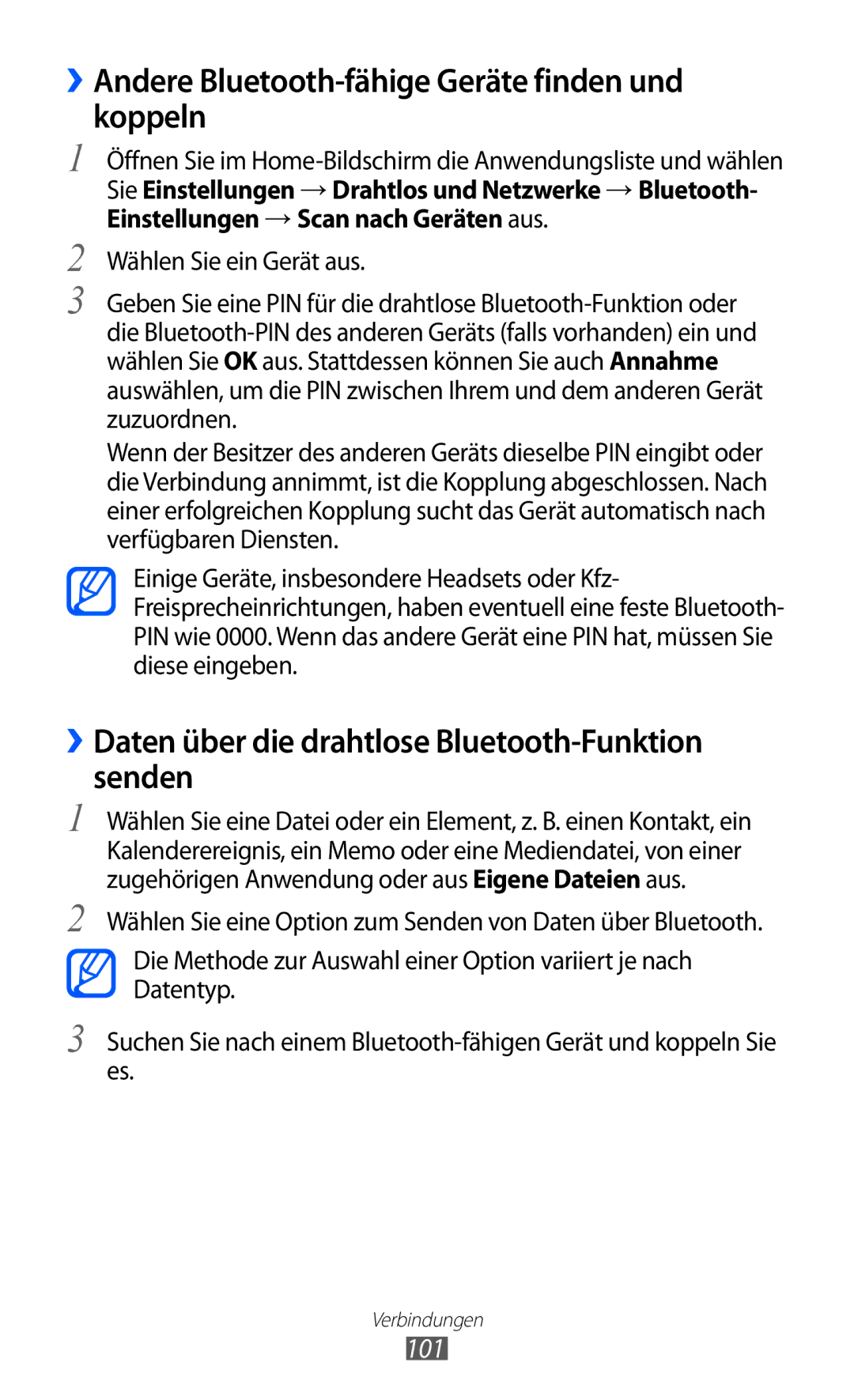 Samsung GT-I9070HKAEUR, GT-I9070RWAXEO, GT-I9070RWAVD2 manual ››Andere Bluetooth-fähige Geräte finden und koppeln, 101 