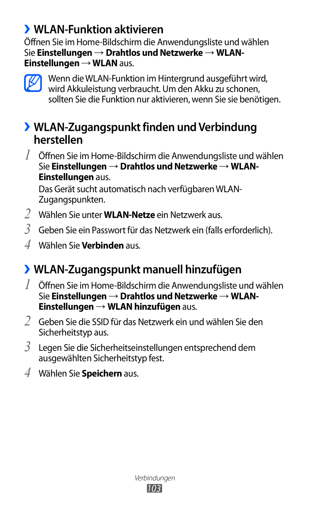 Samsung GT-I9070RWNDBT manual ››WLAN-Funktion aktivieren, ››WLAN-Zugangspunkt finden und Verbindung herstellen, 103 