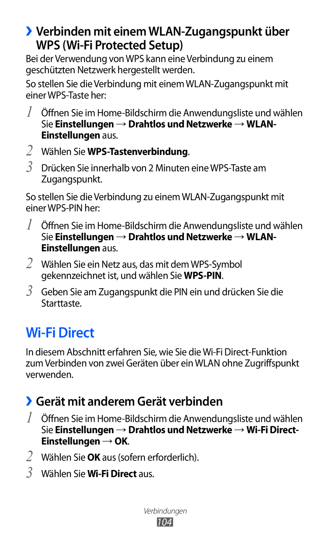 Samsung GT-I9070HKNDBT, GT-I9070RWAXEO Wi-Fi Direct, WPS Wi-Fi Protected Setup, ››Gerät mit anderem Gerät verbinden, 104 