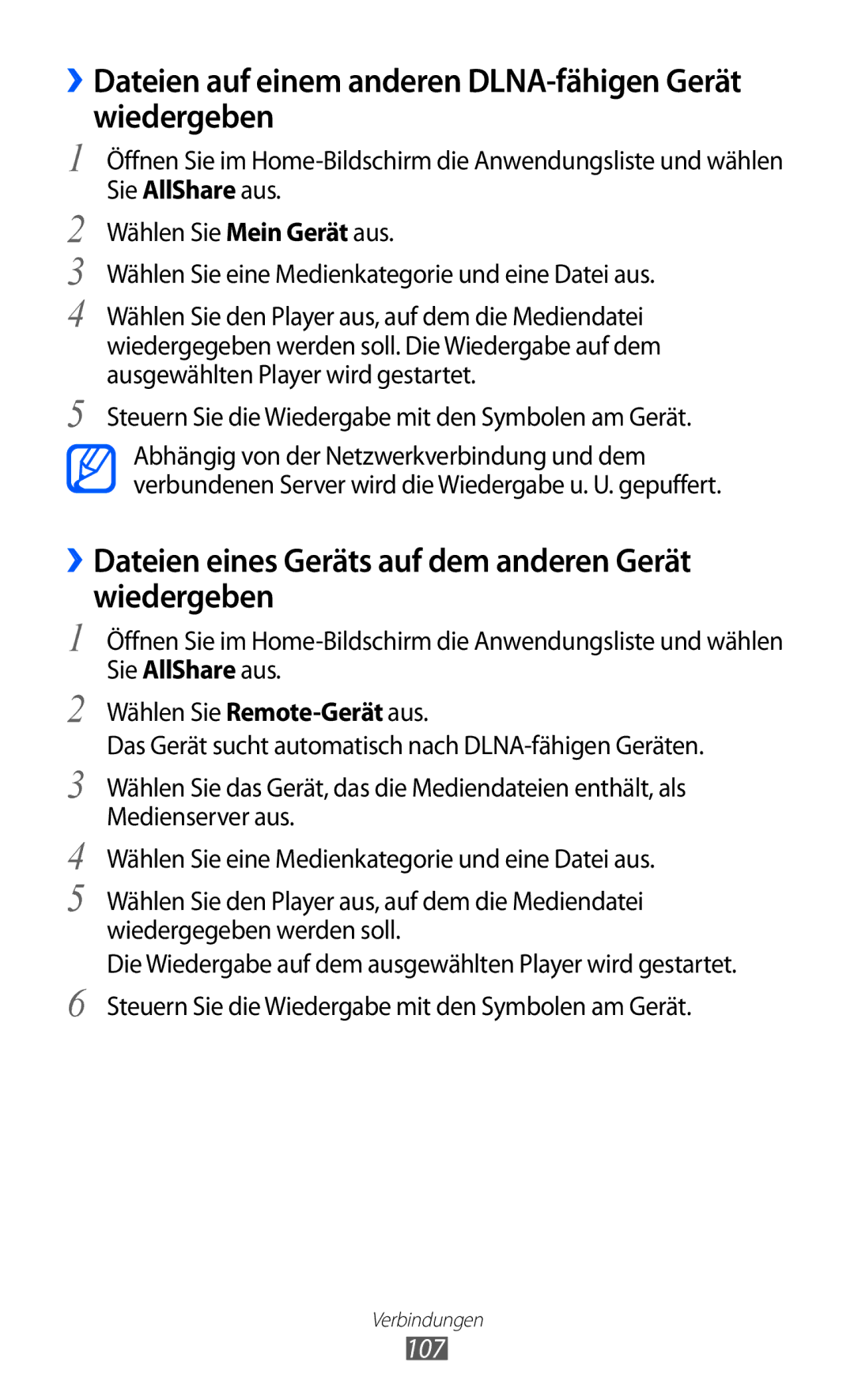 Samsung GT-I9070HKADBT, GT-I9070RWAXEO, GT-I9070RWAVD2 manual ››Dateien auf einem anderen DLNA-fähigen Gerät wiedergeben, 107 