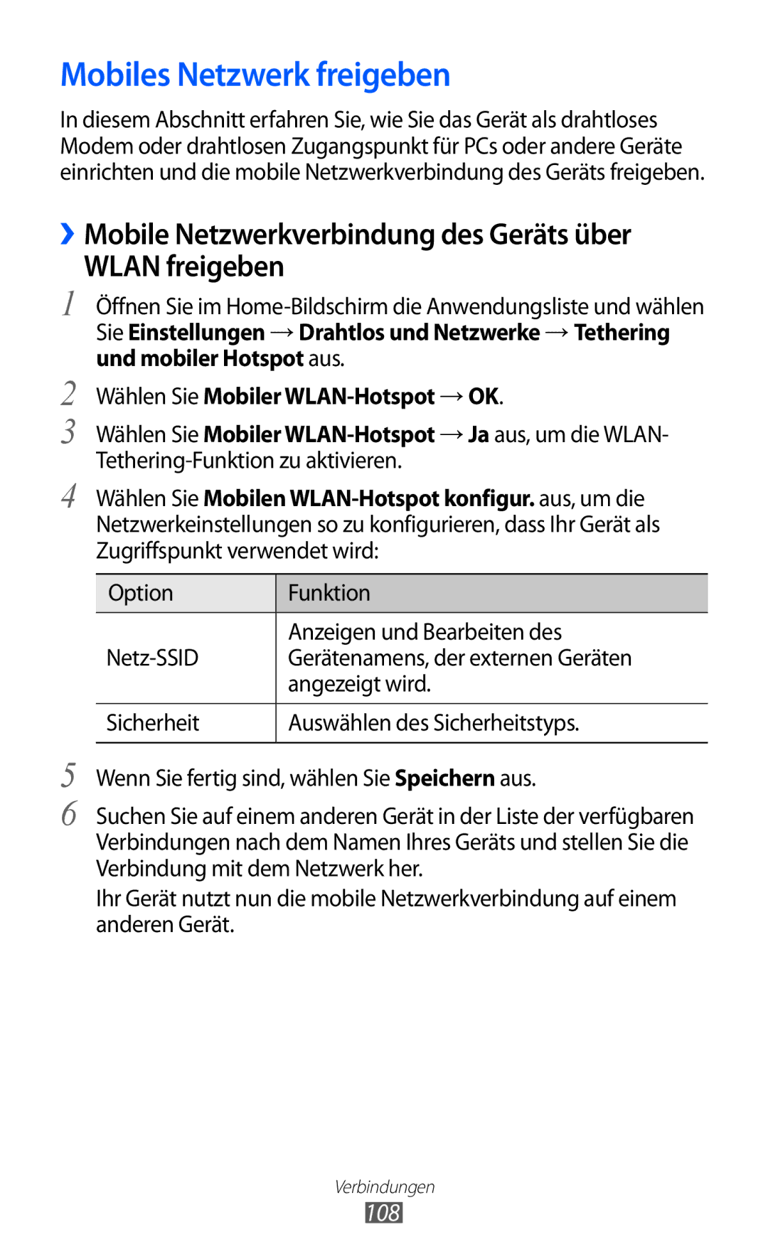 Samsung GT-I9070HKATCL manual Mobiles Netzwerk freigeben, ››Mobile Netzwerkverbindung des Geräts über Wlan freigeben, 108 