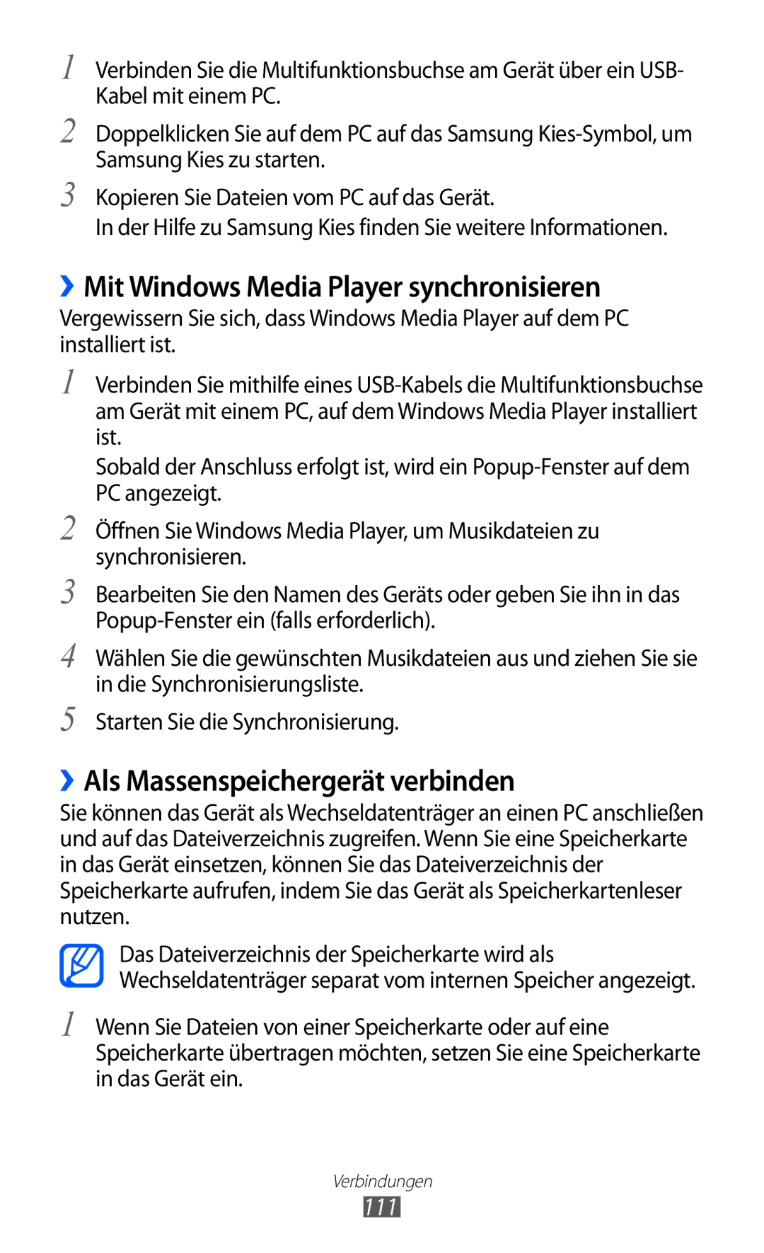 Samsung GT-I9070HKATUR manual ››Mit Windows Media Player synchronisieren, ››Als Massenspeichergerät verbinden, 111 