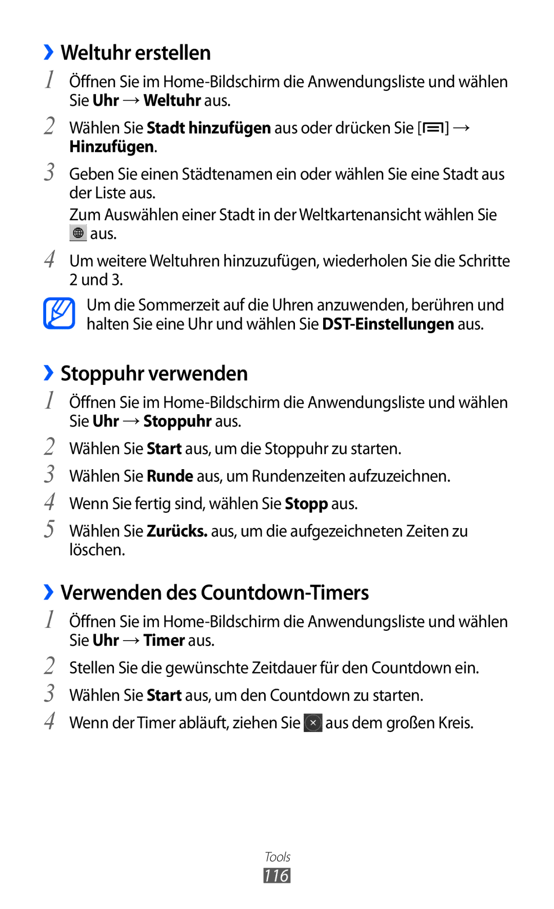 Samsung GT-I9070RWAVD2, GT-I9070RWAXEO manual Weltuhr erstellen, ››Stoppuhr verwenden, ››Verwenden des Countdown-Timers, 116 