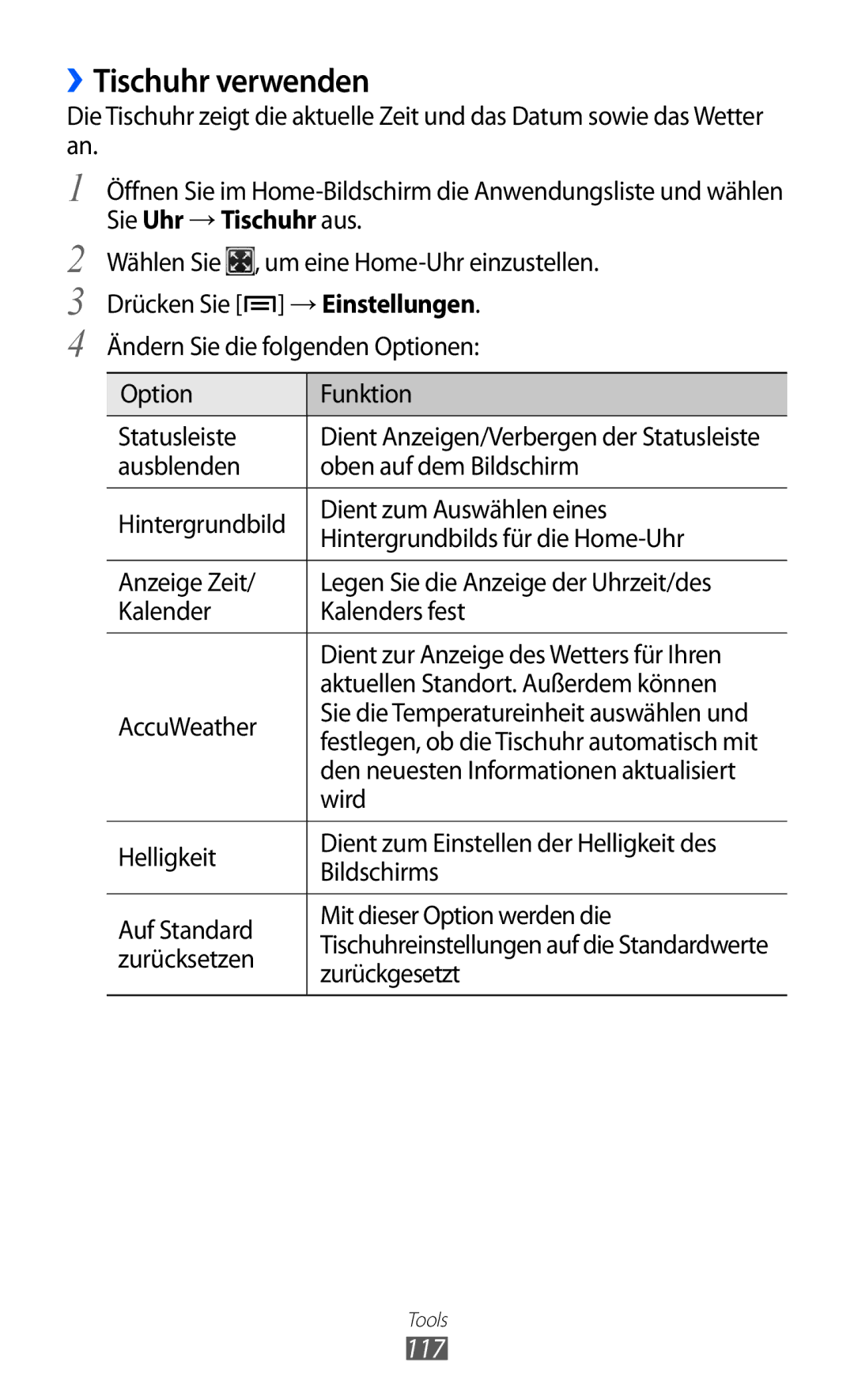 Samsung GT-I9070RWADBT, GT-I9070RWAXEO, GT-I9070RWAVD2, GT-I9070HKNATO, GT-I9070HKAXEO manual ››Tischuhr verwenden, 117 