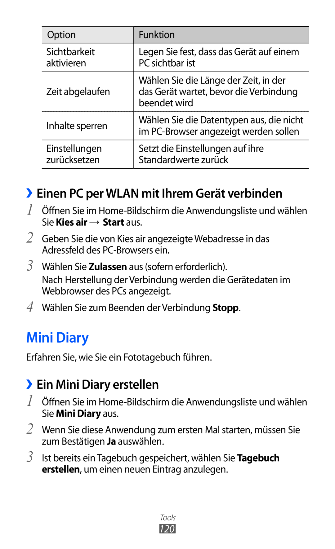 Samsung GT-I9070HKAMBC, GT-I9070RWAXEO ››Einen PC per Wlan mit Ihrem Gerät verbinden, ››Ein Mini Diary erstellen, 120 