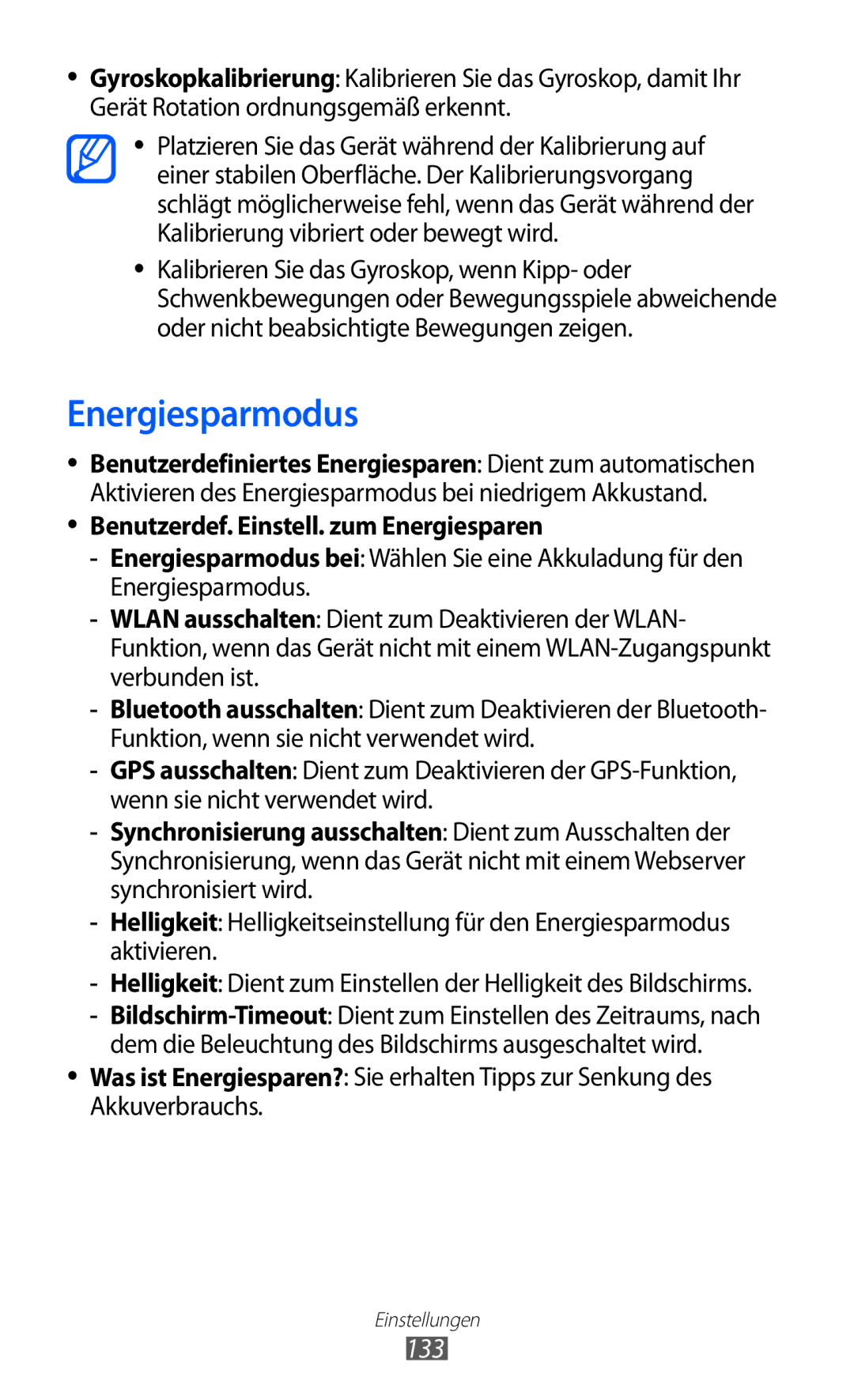 Samsung GT-I9070RWNDTM, GT-I9070RWAXEO, GT-I9070RWAVD2 manual Energiesparmodus, 133, Benutzerdef. Einstell. zum Energiesparen 