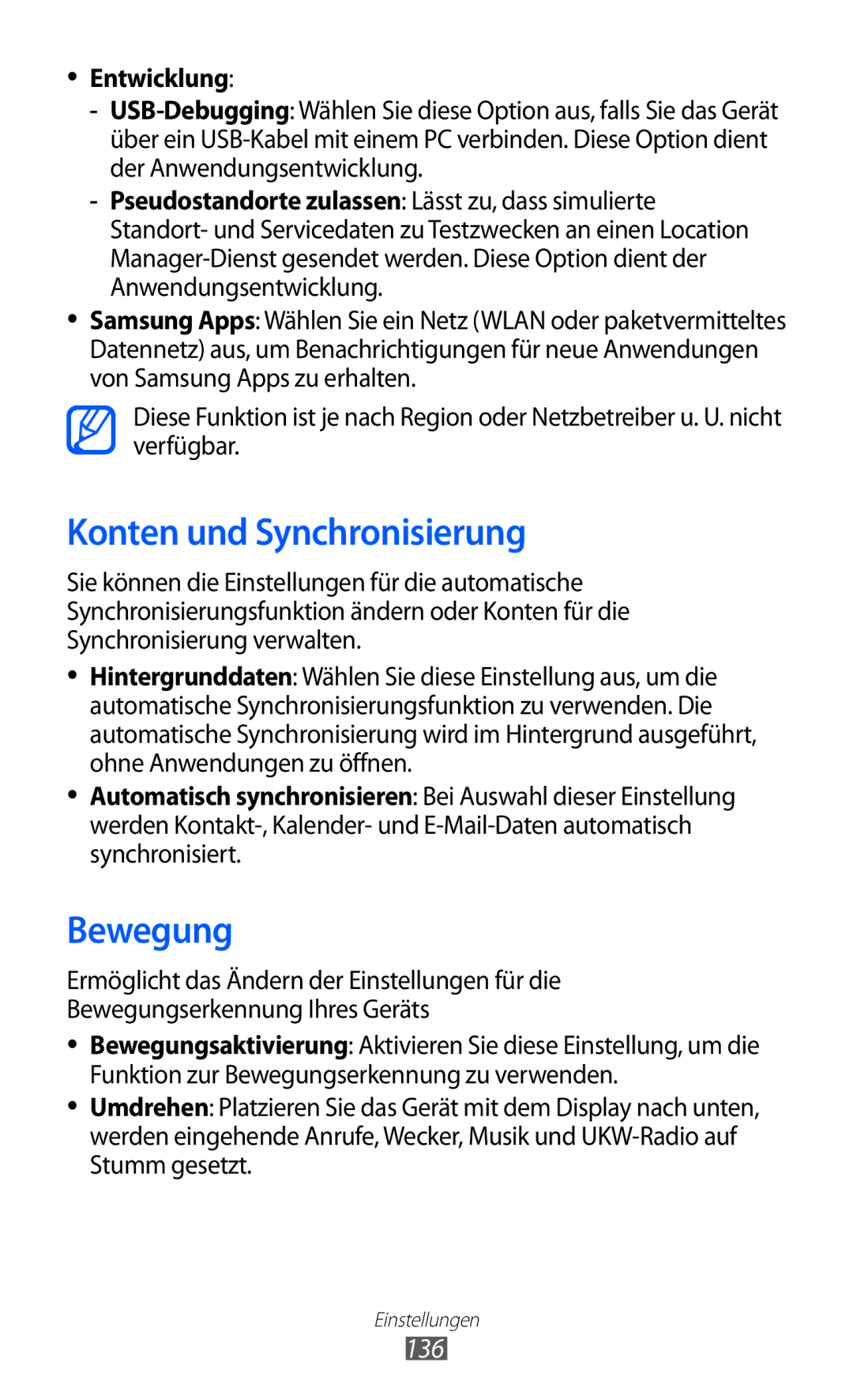 Samsung GT-I9070MSADBT, GT-I9070RWAXEO, GT-I9070RWAVD2 manual Konten und Synchronisierung, Bewegung, 136, Entwicklung 