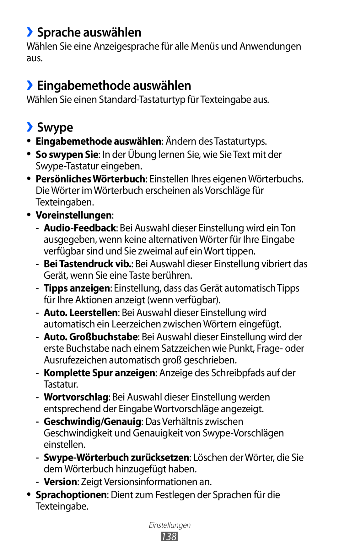 Samsung GT-I9070RWAXEO, GT-I9070RWAVD2 ››Sprache auswählen, ››Eingabemethode auswählen, ››Swype, 138, Voreinstellungen 