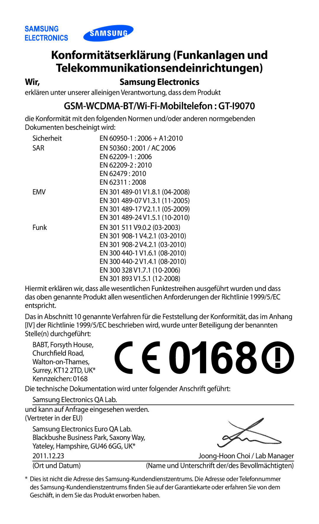 Samsung GT-I9070RWAITV, GT-I9070RWAXEO, GT-I9070RWAVD2, GT-I9070RWADBT, GT-I9070HKNATO Konformitätserklärung Funkanlagen und 