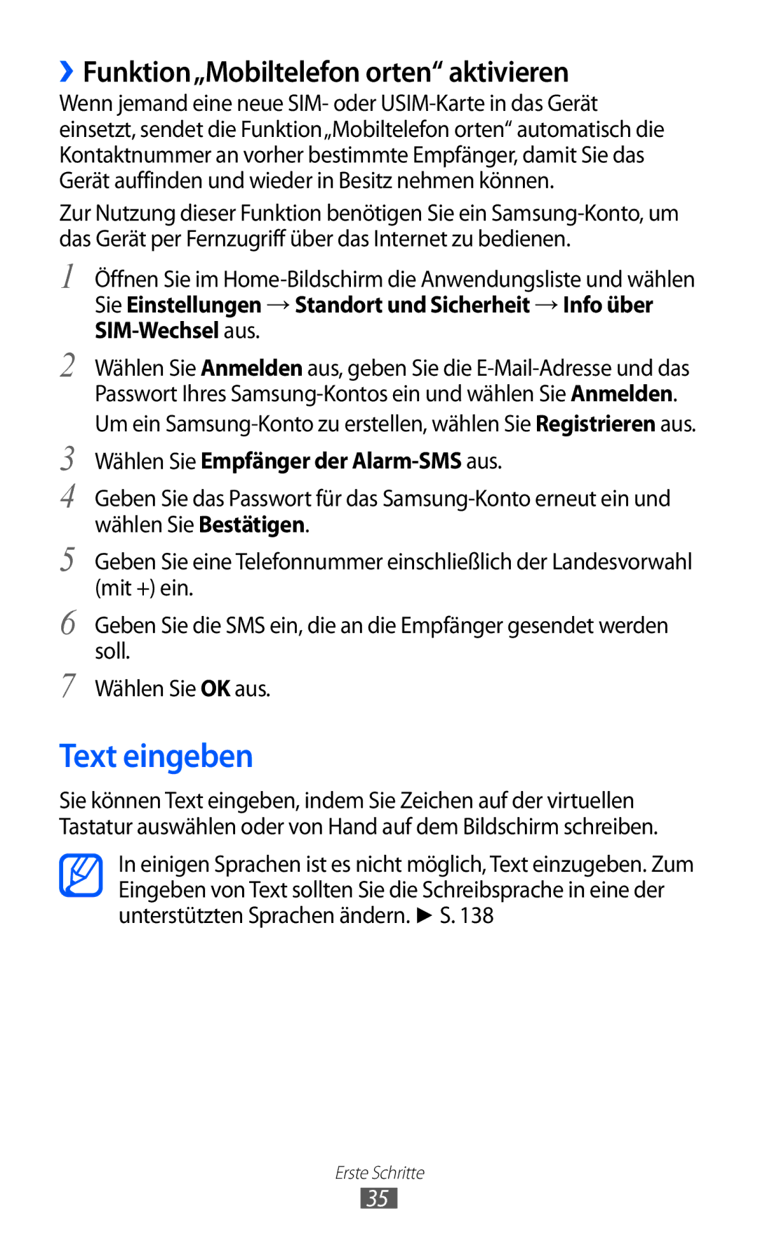 Samsung GT-I9070HKNDBT Text eingeben, ››Funktion„Mobiltelefon orten aktivieren, Wählen Sie Empfänger der Alarm-SMS aus 