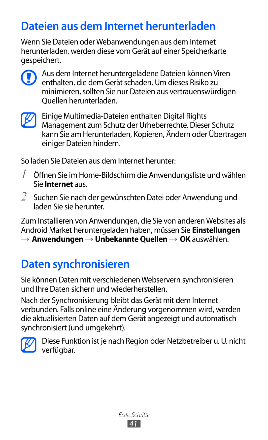 Samsung GT-I9070RWNDTM, GT-I9070RWAXEO, GT-I9070RWAVD2 manual Dateien aus dem Internet herunterladen, Daten synchronisieren 