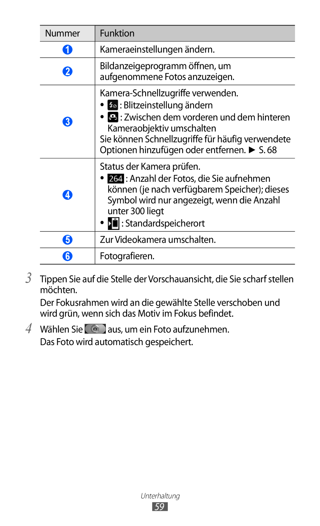 Samsung GT-I9070HKAPLS, GT-I9070RWAXEO, GT-I9070RWAVD2, GT-I9070RWADBT manual Nummer Funktion Kameraeinstellungen ändern 