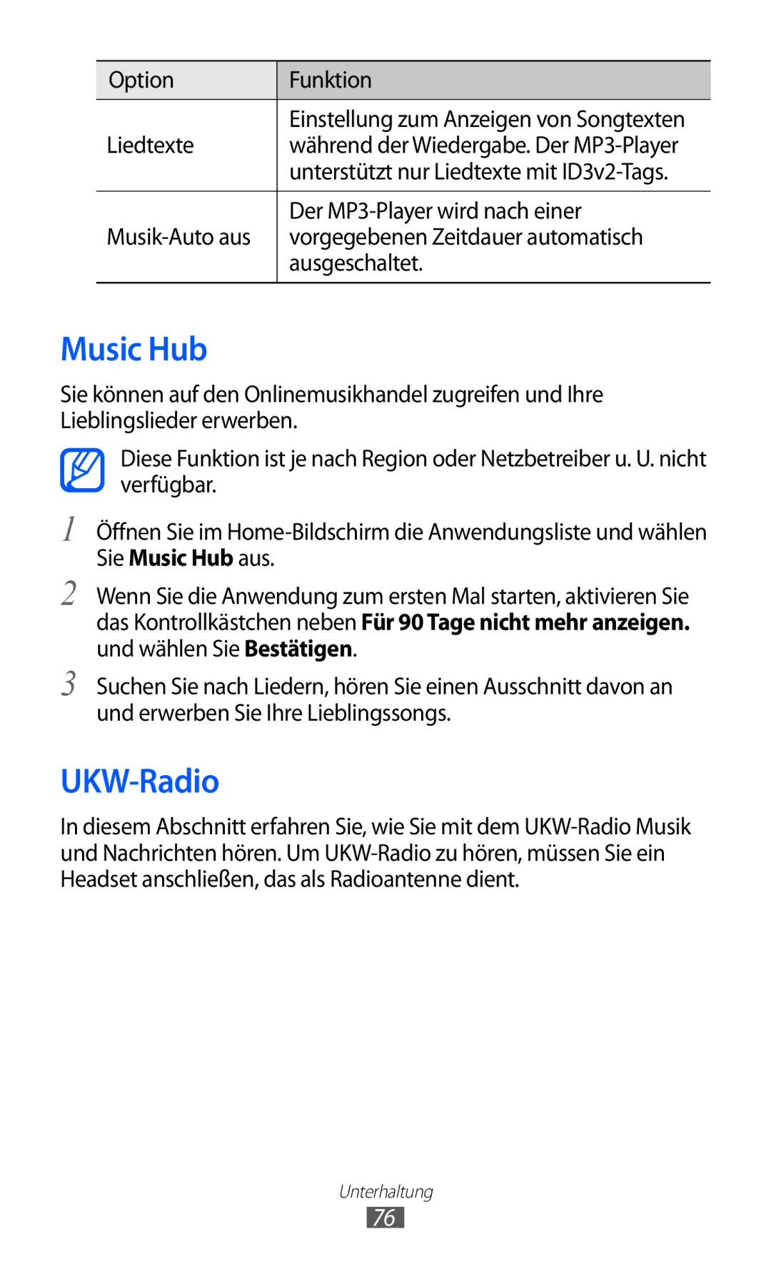 Samsung GT-I9070RWAITV, GT-I9070RWAXEO, GT-I9070RWAVD2, GT-I9070RWADBT, GT-I9070HKNATO, GT-I9070HKAXEO Music Hub, UKW-Radio 