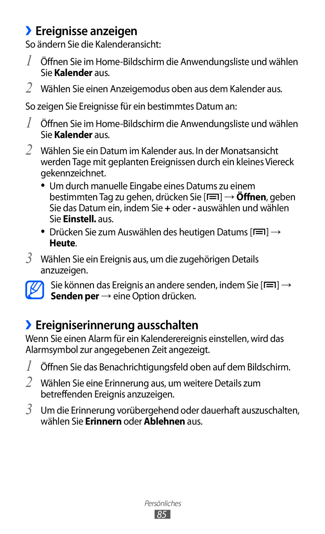 Samsung GT-I9070HKATCL, GT-I9070RWAXEO, GT-I9070RWAVD2 manual ››Ereignisse anzeigen, ››Ereigniserinnerung ausschalten 