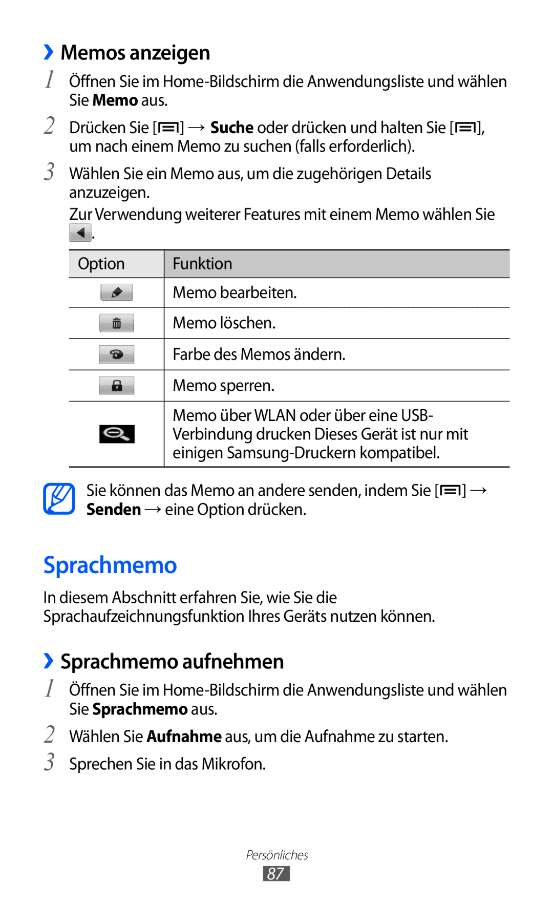 Samsung GT-I9070RWNDTM, GT-I9070RWAXEO, GT-I9070RWAVD2, GT-I9070RWADBT manual ››Memos anzeigen, ››Sprachmemo aufnehmen 