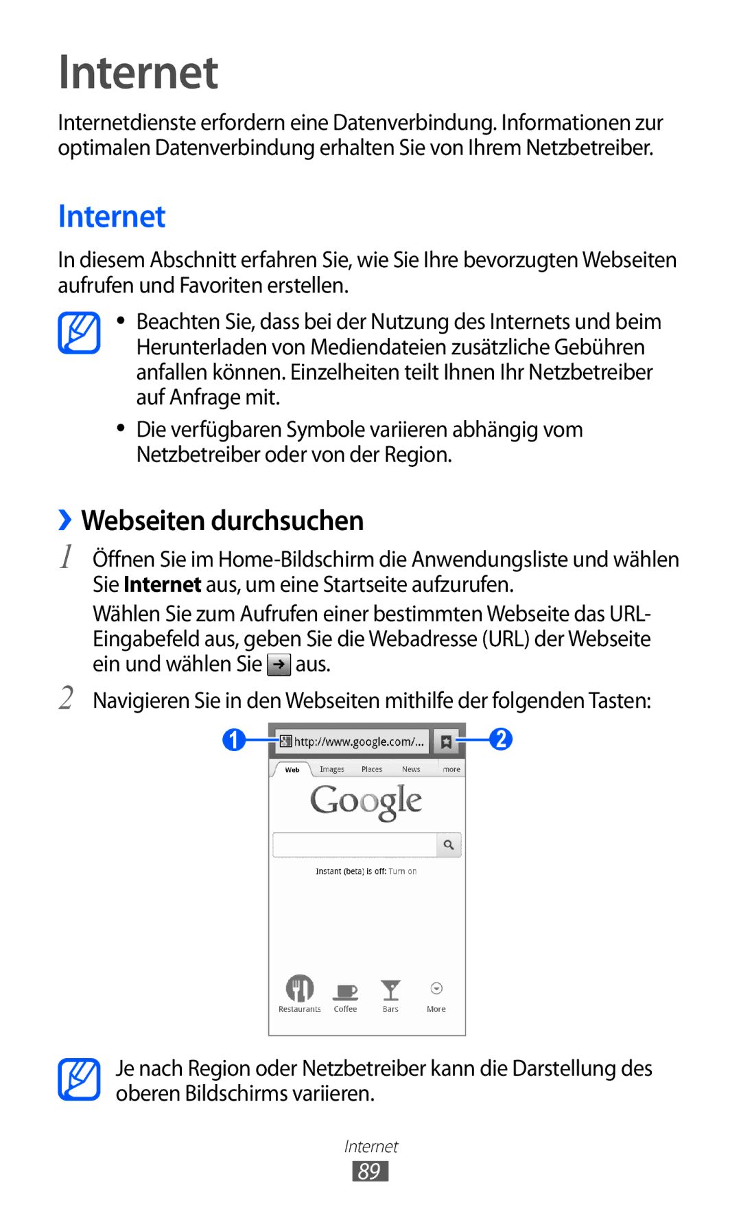 Samsung GT-I9070HKAVD2, GT-I9070RWAXEO, GT-I9070RWAVD2, GT-I9070RWADBT, GT-I9070HKNATO manual Internet, ››Webseiten durchsuchen 