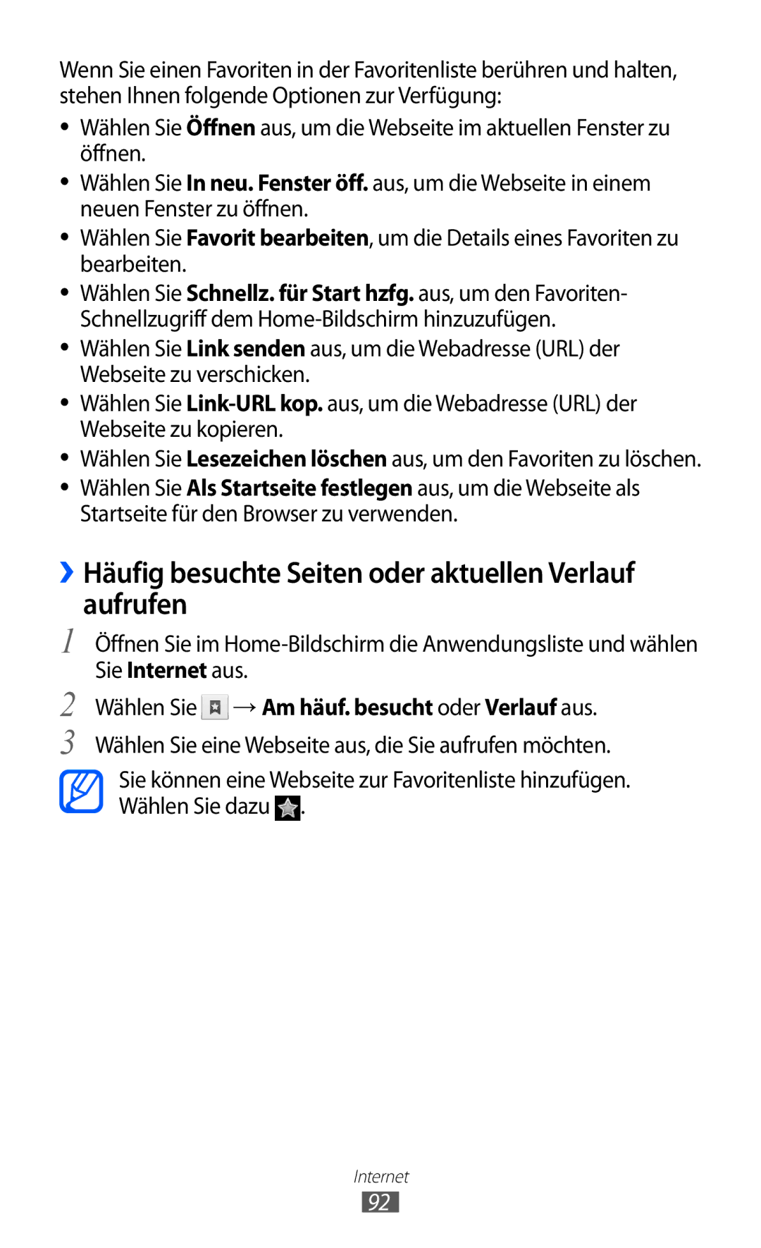 Samsung GT-I9070RWAXEO, GT-I9070RWAVD2, GT-I9070RWADBT manual ››Häufig besuchte Seiten oder aktuellen Verlauf aufrufen 