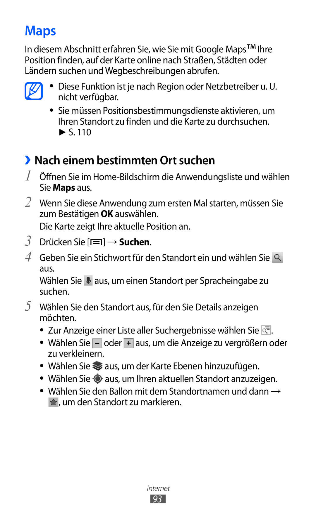Samsung GT-I9070RWAVD2, GT-I9070RWAXEO, GT-I9070RWADBT manual Maps, ››Nach einem bestimmten Ort suchen, Zu verkleinern 