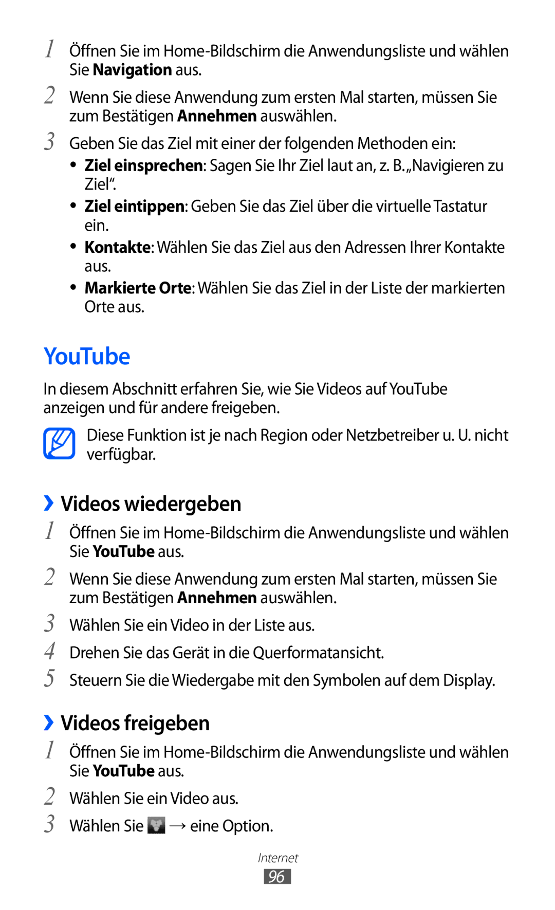 Samsung GT-I9070HKAXEO, GT-I9070RWAXEO manual YouTube, ››Videos wiedergeben, ››Videos freigeben, Sie Navigation aus 