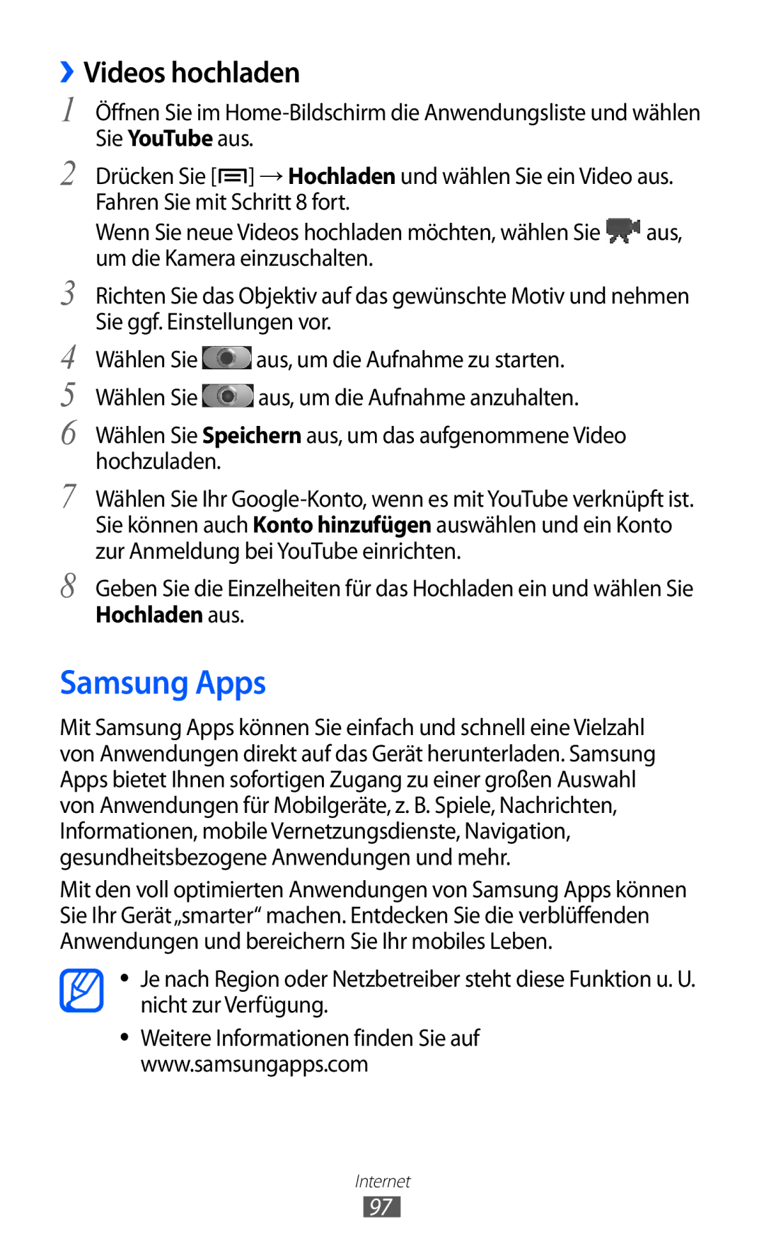 Samsung GT-I9070HKAMBC, GT-I9070RWAXEO, GT-I9070RWAVD2, GT-I9070RWADBT, GT-I9070HKNATO manual Samsung Apps, ››Videos hochladen 