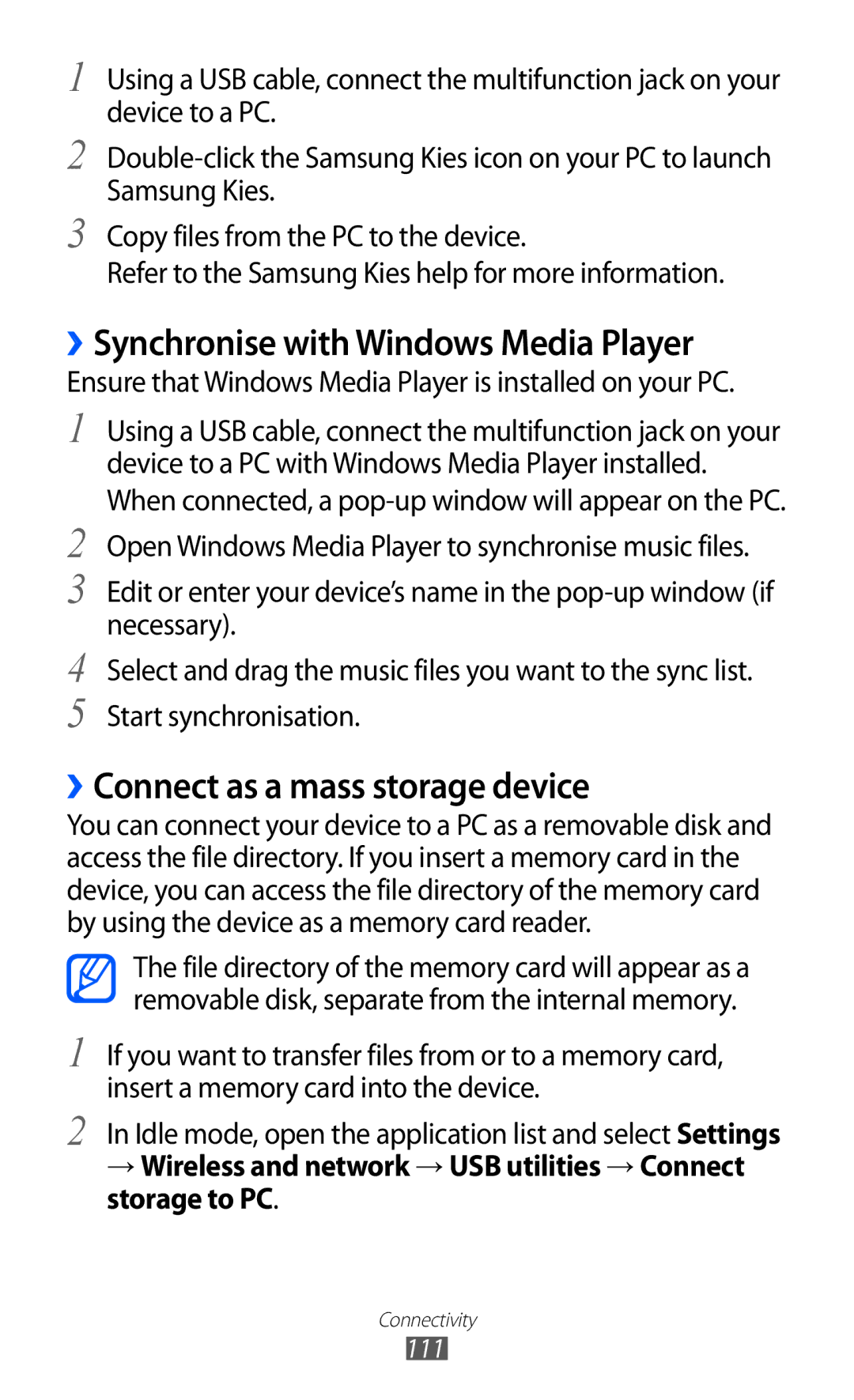 Samsung GT-I9070RWACOA, GT-I9070RWAXEO manual ››Synchronise with Windows Media Player, ››Connect as a mass storage device 