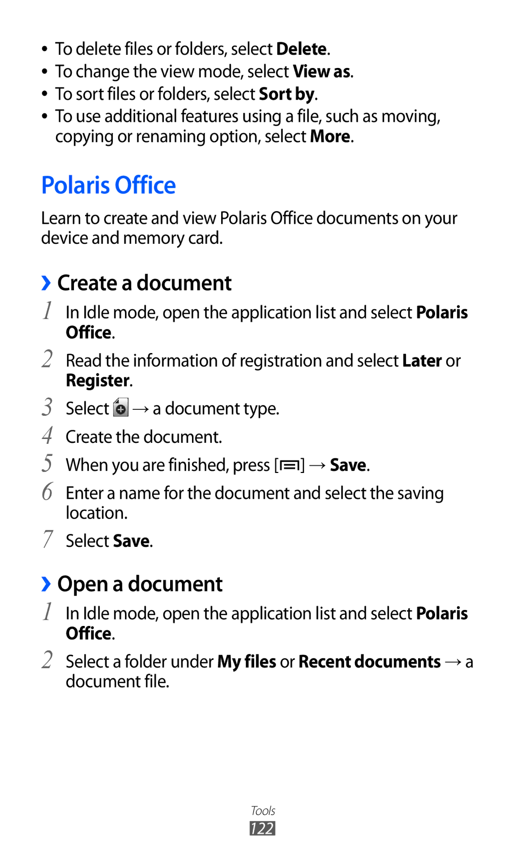 Samsung GT2I9070RWAGBL, GT-I9070RWAXEO, GT-I9070RWAVD2 Polaris Office, ››Create a document, ››Open a document, Register 