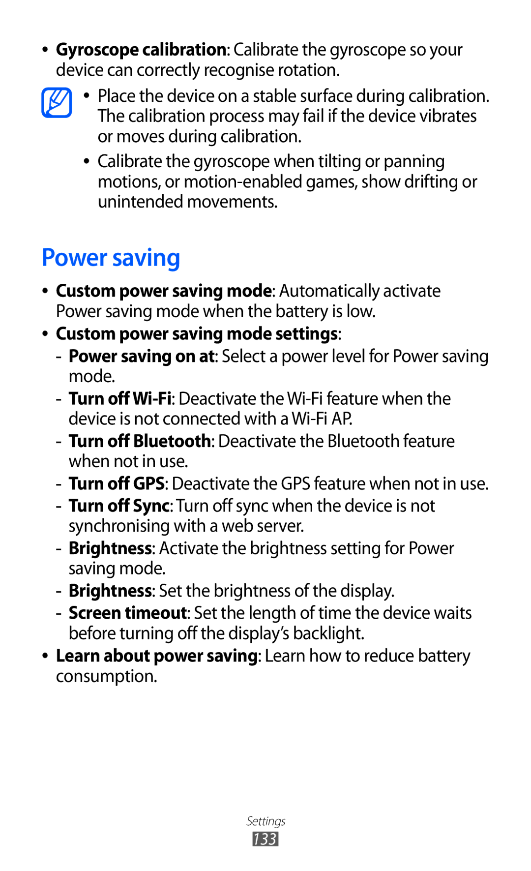 Samsung GT-I9070RWKTMZ, GT-I9070RWAXEO, GT-I9070RWAVD2, GT-I9070RWADBT manual Power saving, Custom power saving mode settings 