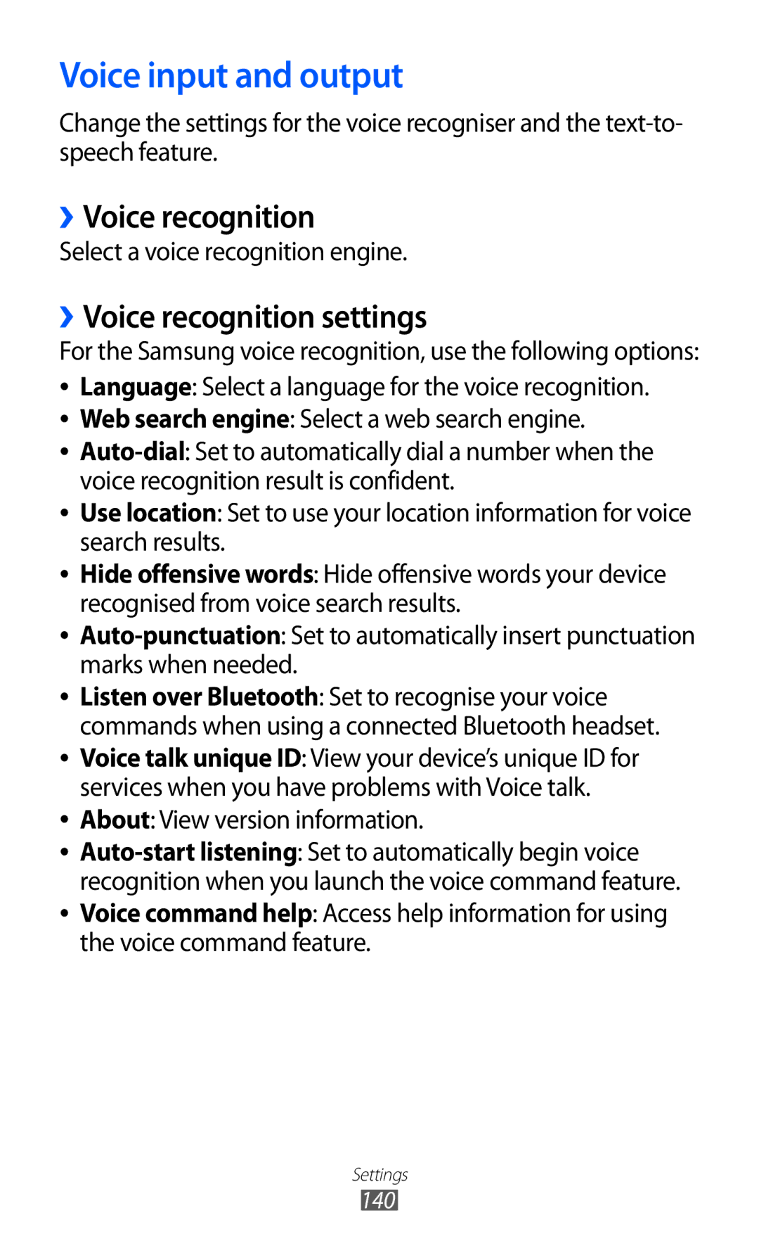 Samsung GT2I9070HKAXSK manual Voice input and output, ››Voice recognition settings, Select a voice recognition engine 